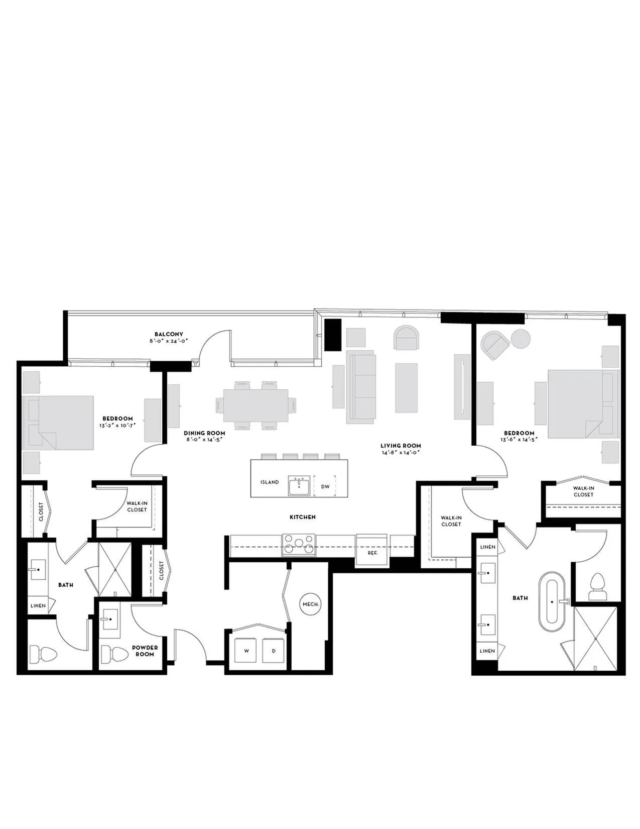 Modern floor plan showcasing 2 spacious bedrooms, open living and dining areas, sleek kitchen with island, and dual bathrooms. Features include walk-in closets and a private balcony.