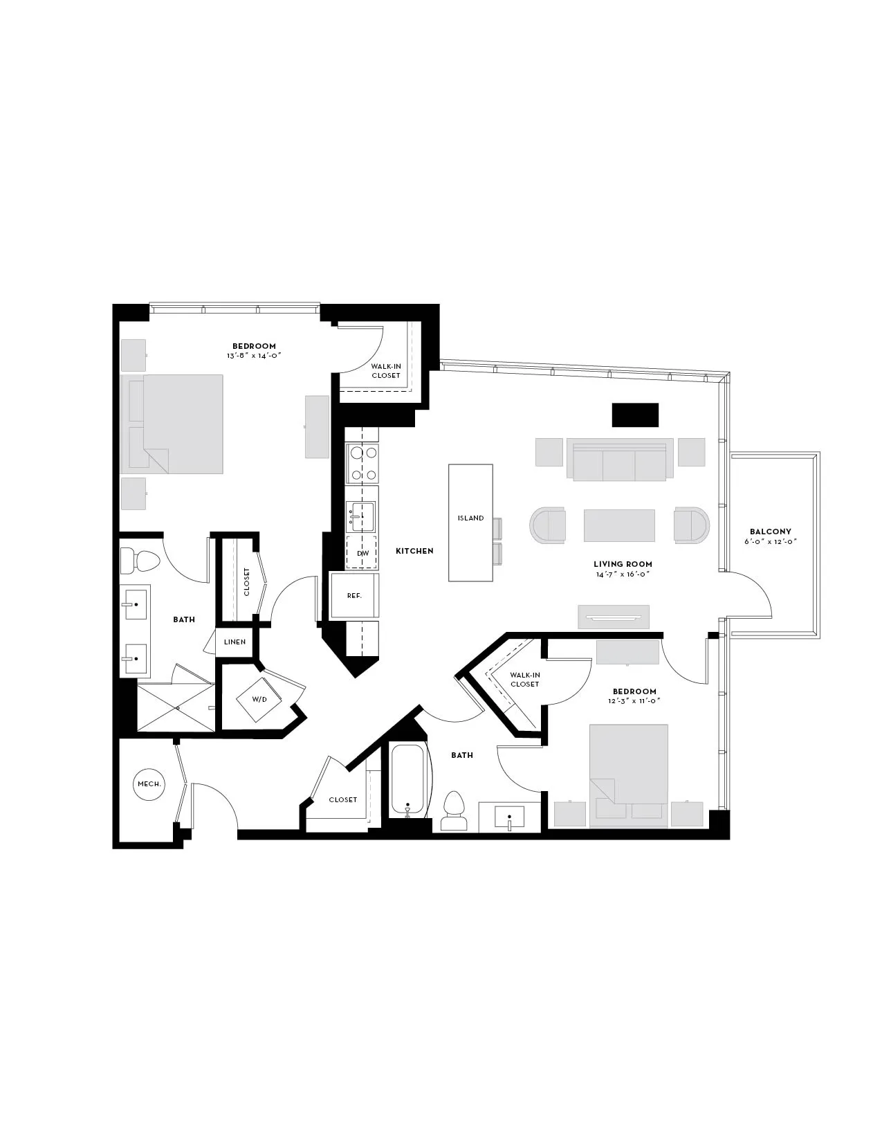 Elegant apartment floor plan featuring 2 bedrooms, expansive living room, modern kitchen with island, 2 baths, and a private balcony.