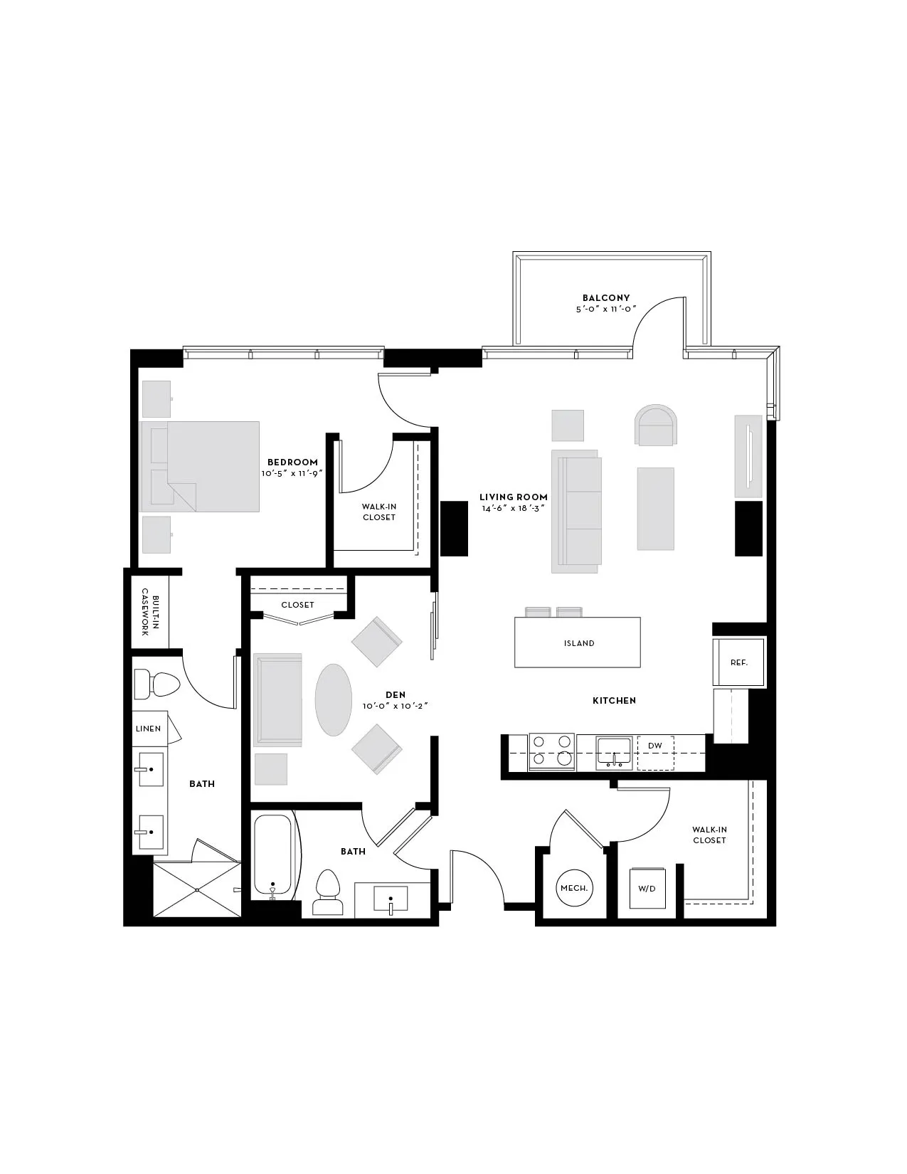 Chic floor plan showcasing a spacious bedroom, open living room, and modern kitchen with an island. Includes a den, two luxurious baths, and a cozy balcony.