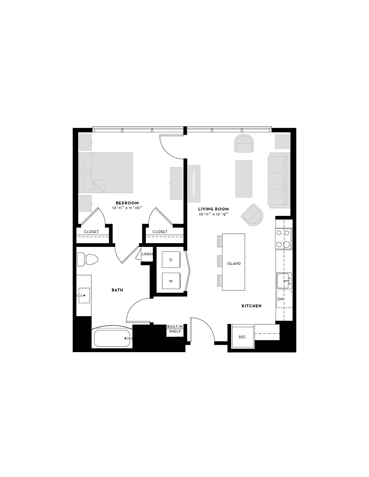 Contemporary 1-bedroom apartment floor plan featuring a spacious living room, modern kitchen with an island, and a well-appointed bathroom.