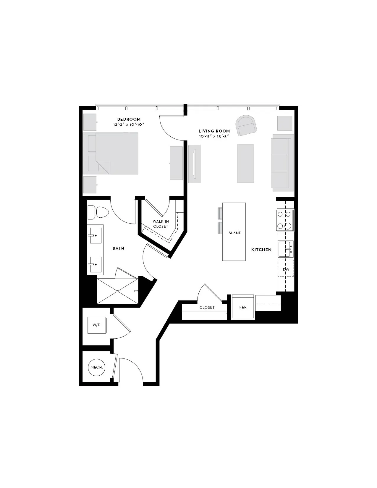 Modern 1-bedroom apartment floor plan showcasing an open-concept living room and kitchen with an island, spacious walk-in closet, and convenient washer/dryer area.