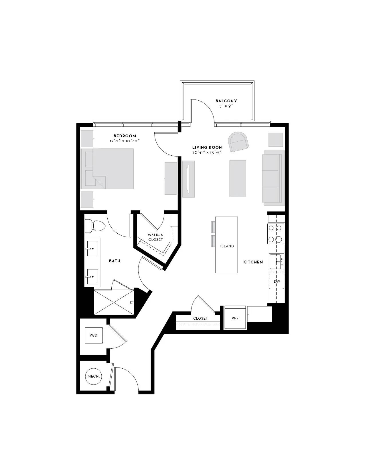 Modern floor plan featuring one bedroom, open-concept living room with balcony, and a stylish kitchen with island.