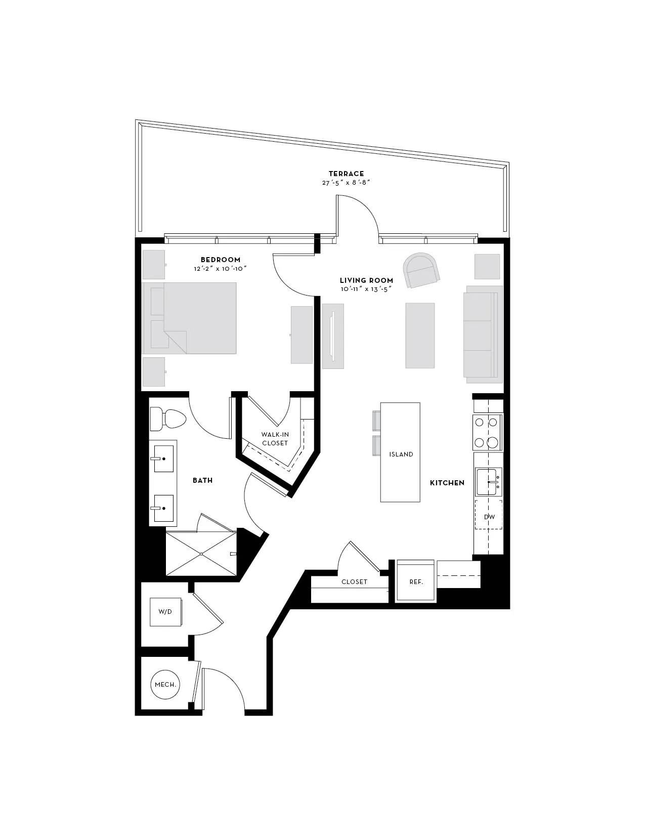 Modern apartment floor plan with 1 bedroom, spacious living room, sleek kitchen with an island, and a large terrace.