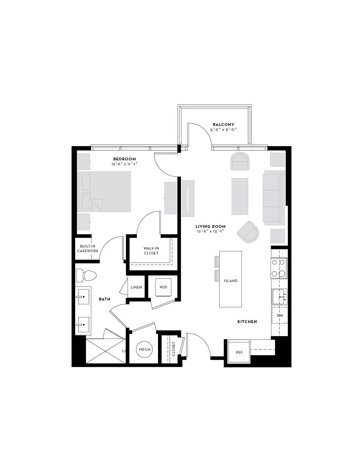 Modern floor plan featuring 1 bedroom, open-concept living and kitchen area with island, walk-in closet, and private balcony.