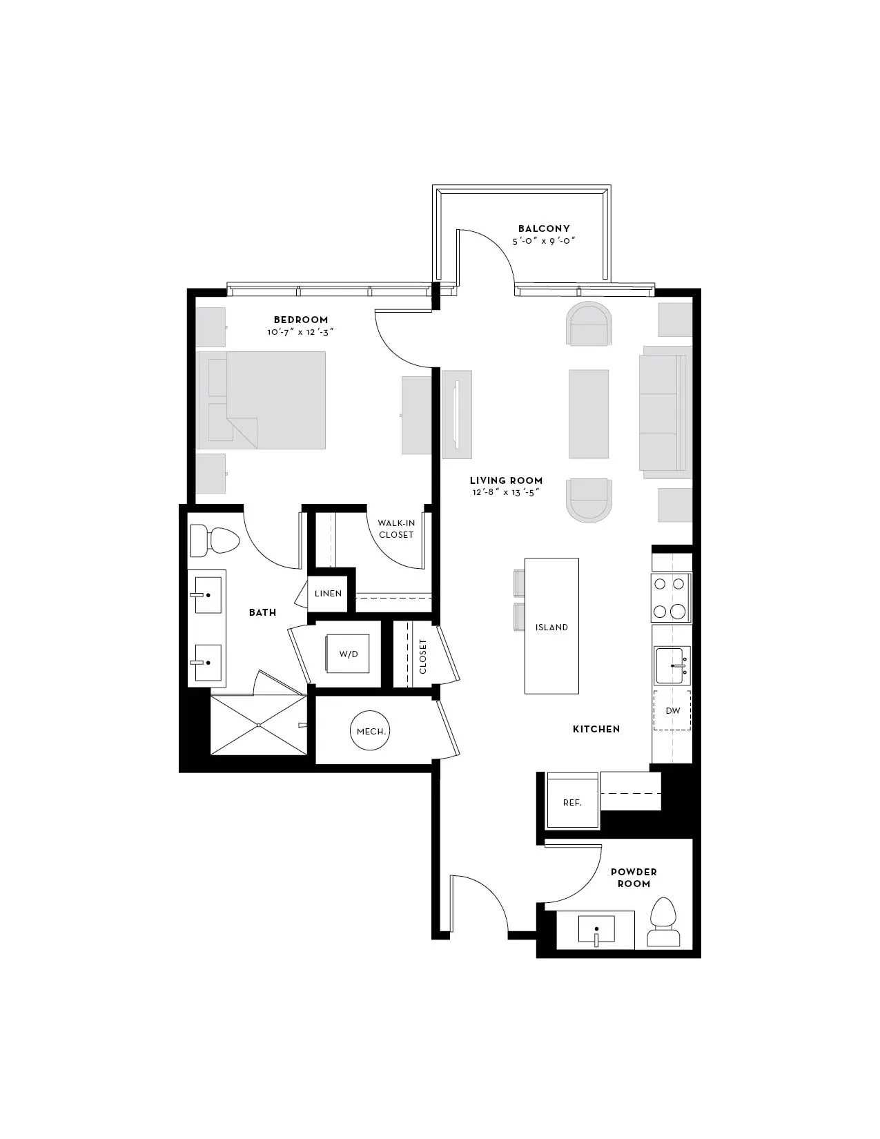 Contemporary floor plan showcasing a spacious 1-bedroom layout with an open-concept living room, modern kitchen island, convenient walk-in closet, and private balcony.