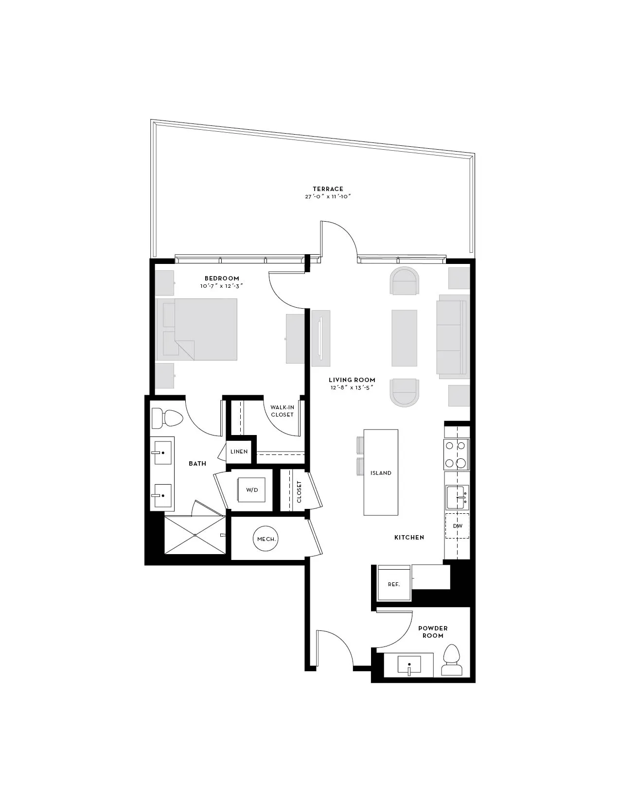 Modern floor plan showcasing a single bedroom, expansive terrace, open living area, and sleek kitchen with island.