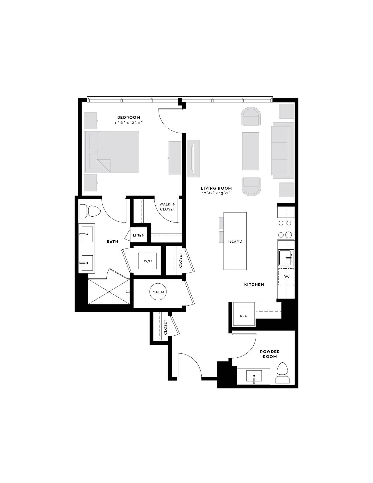 Modern 1-bedroom apartment floor plan featuring spacious living room, sleek kitchen with island, and convenient walk-in closet.