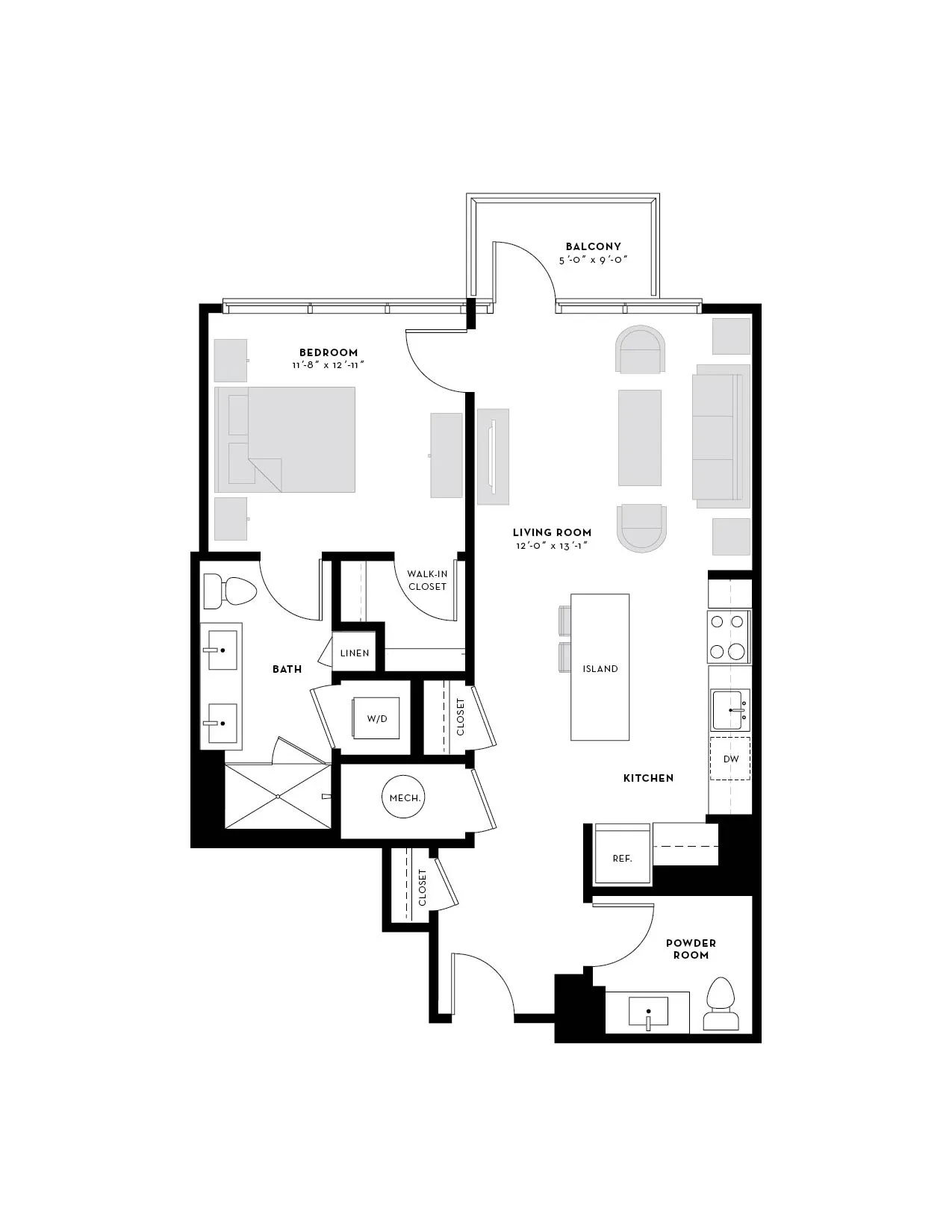 Modern floor plan featuring 1 spacious bedroom, open-concept living room with balcony, stylish kitchen with island, bath, and powder room.
