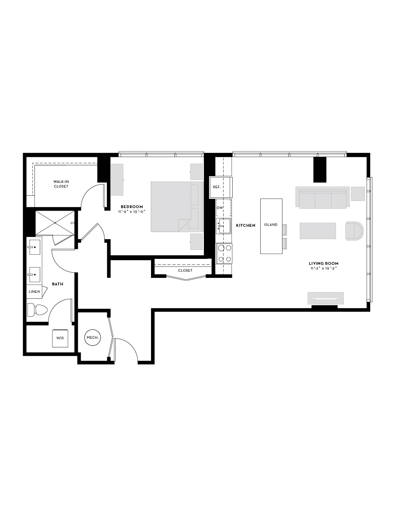 Modern floor plan showcasing 1 bedroom with a walk-in closet, spacious living room, and kitchen with island.