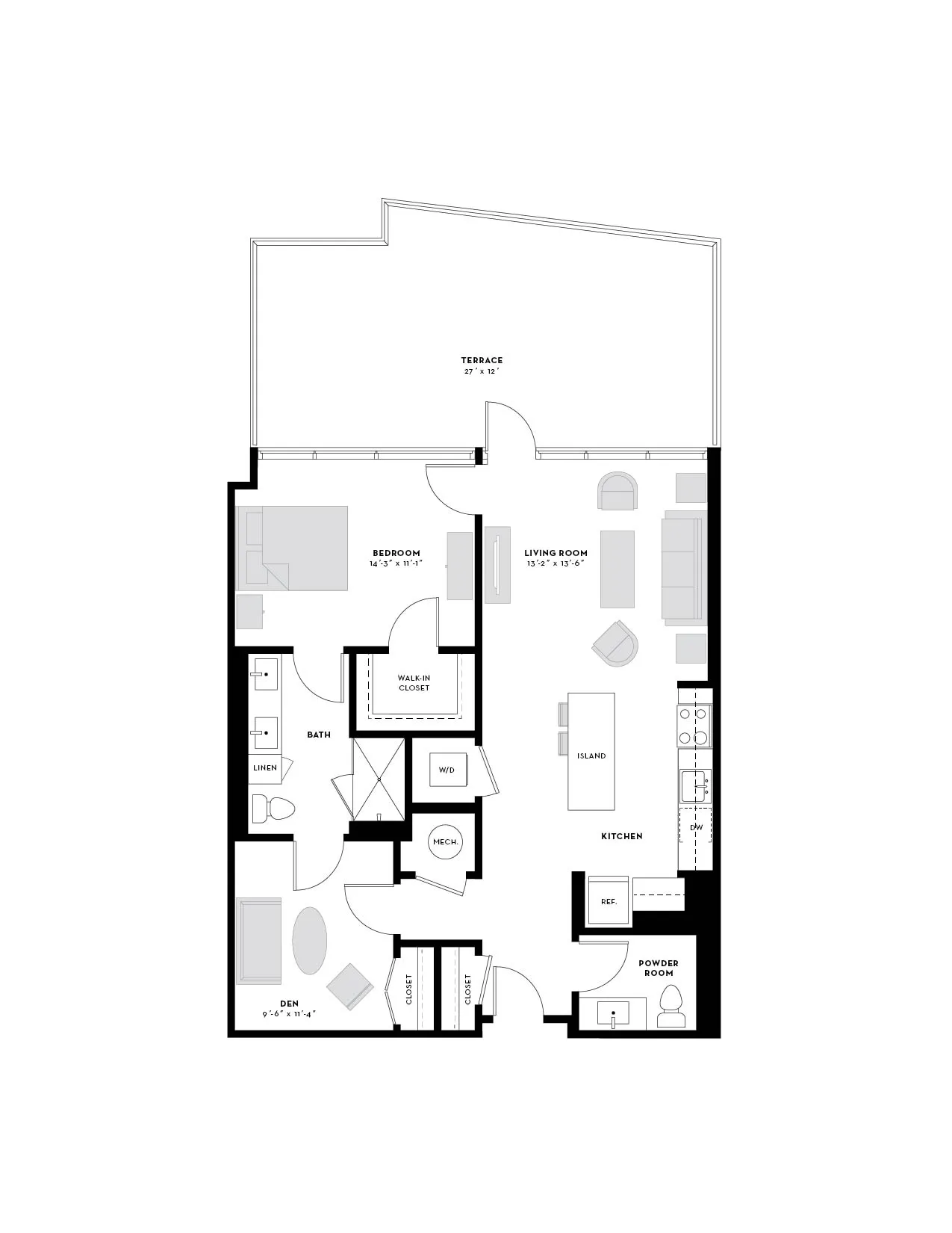 Modern floor plan showcasing a spacious 1-bedroom layout with a den, large terrace, open-concept living room, and kitchen with island.
