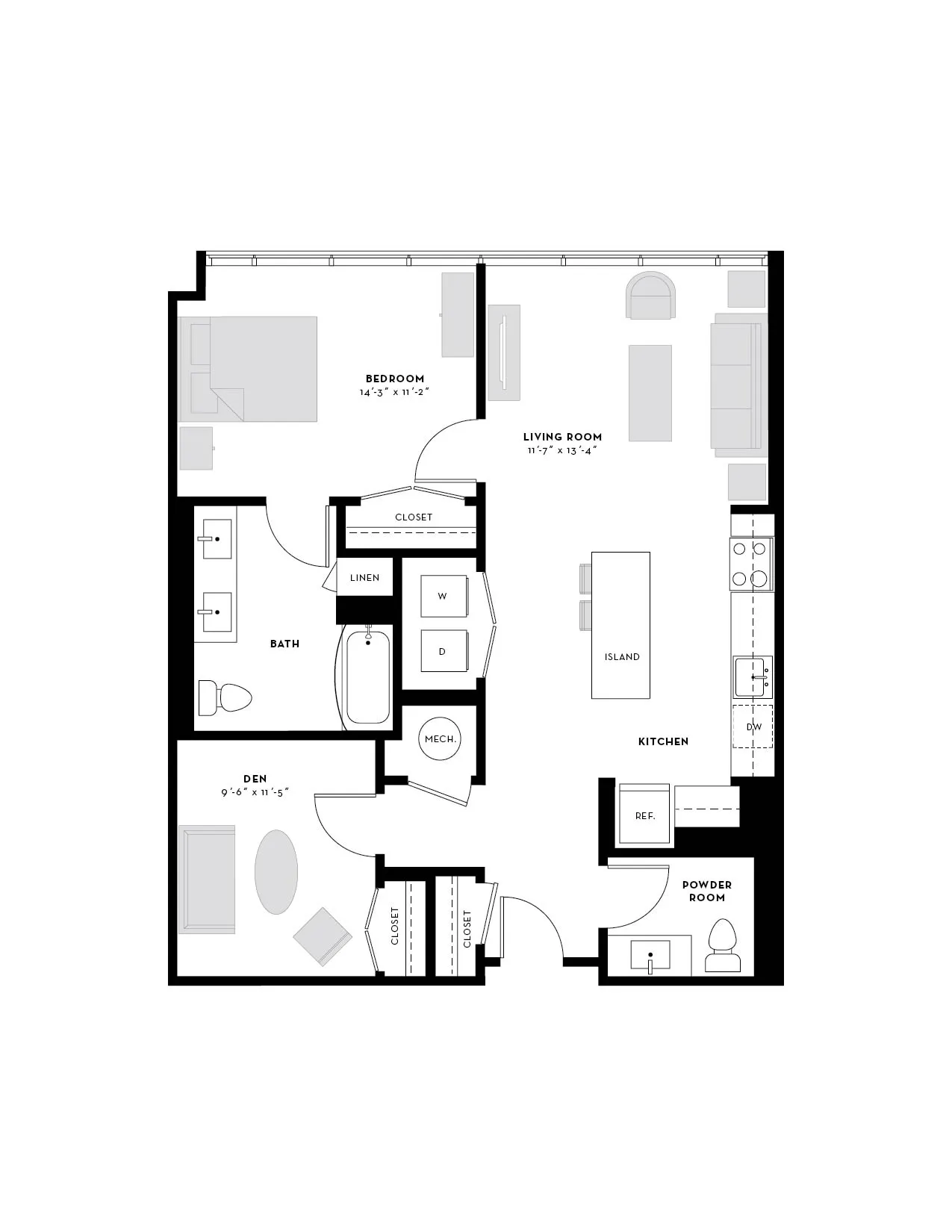 Elegant floor plan featuring one bedroom, a versatile den, modern kitchen with island, spacious living room, and convenient powder room.