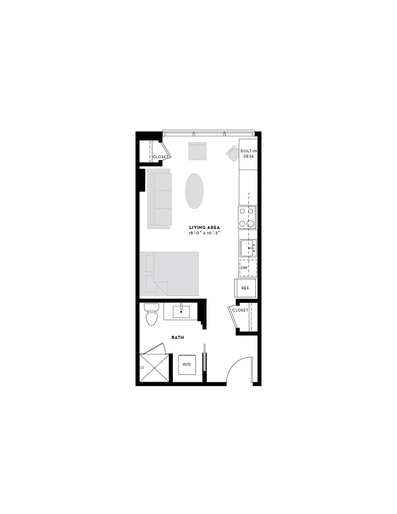 Modern studio apartment floor plan featuring an open living area, compact kitchen, and convenient in-unit washer/dryer.