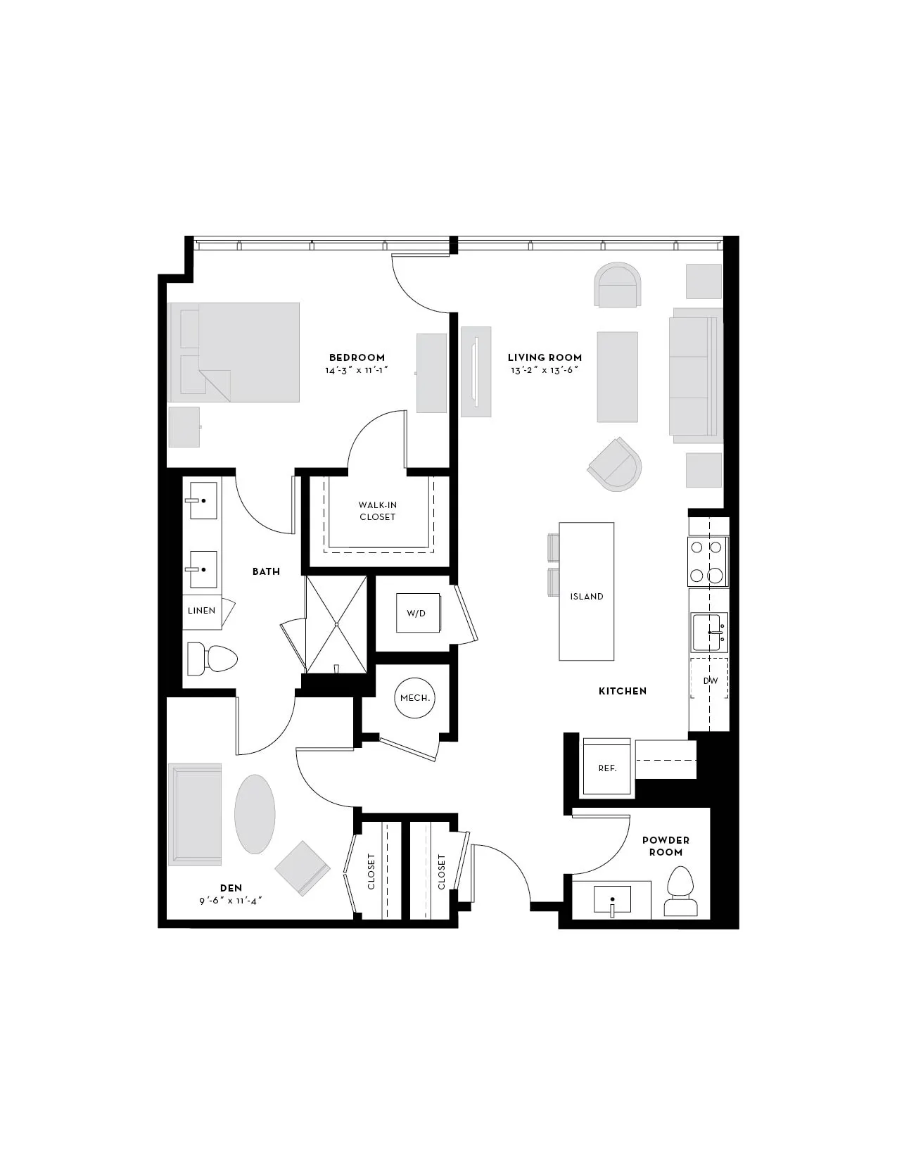 Modern floor plan showcasing 1 bedroom, large living room, sleek kitchen with island, adjacent den, and ample storage space.
