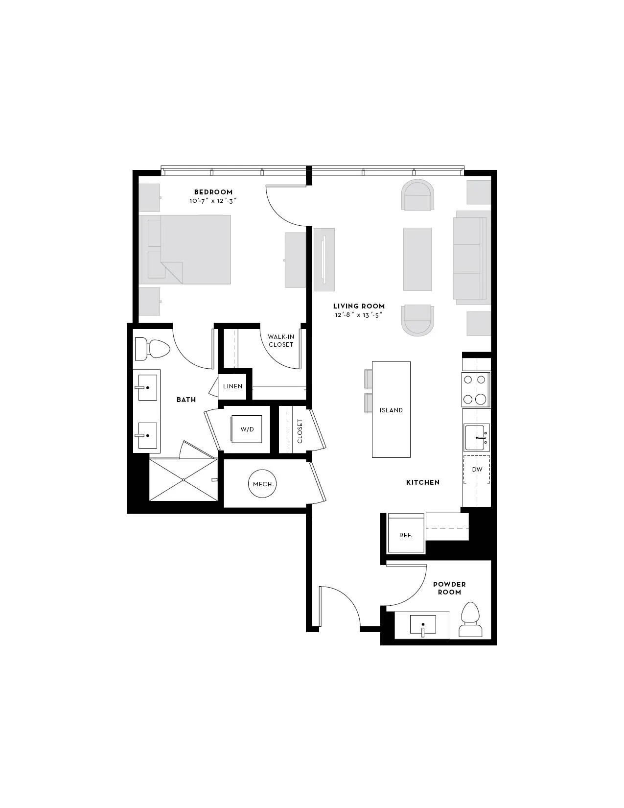 Modern floor plan featuring 1 bedroom, open-concept living room, and stylish kitchen with island, complemented by a powder room and walk-in closet.