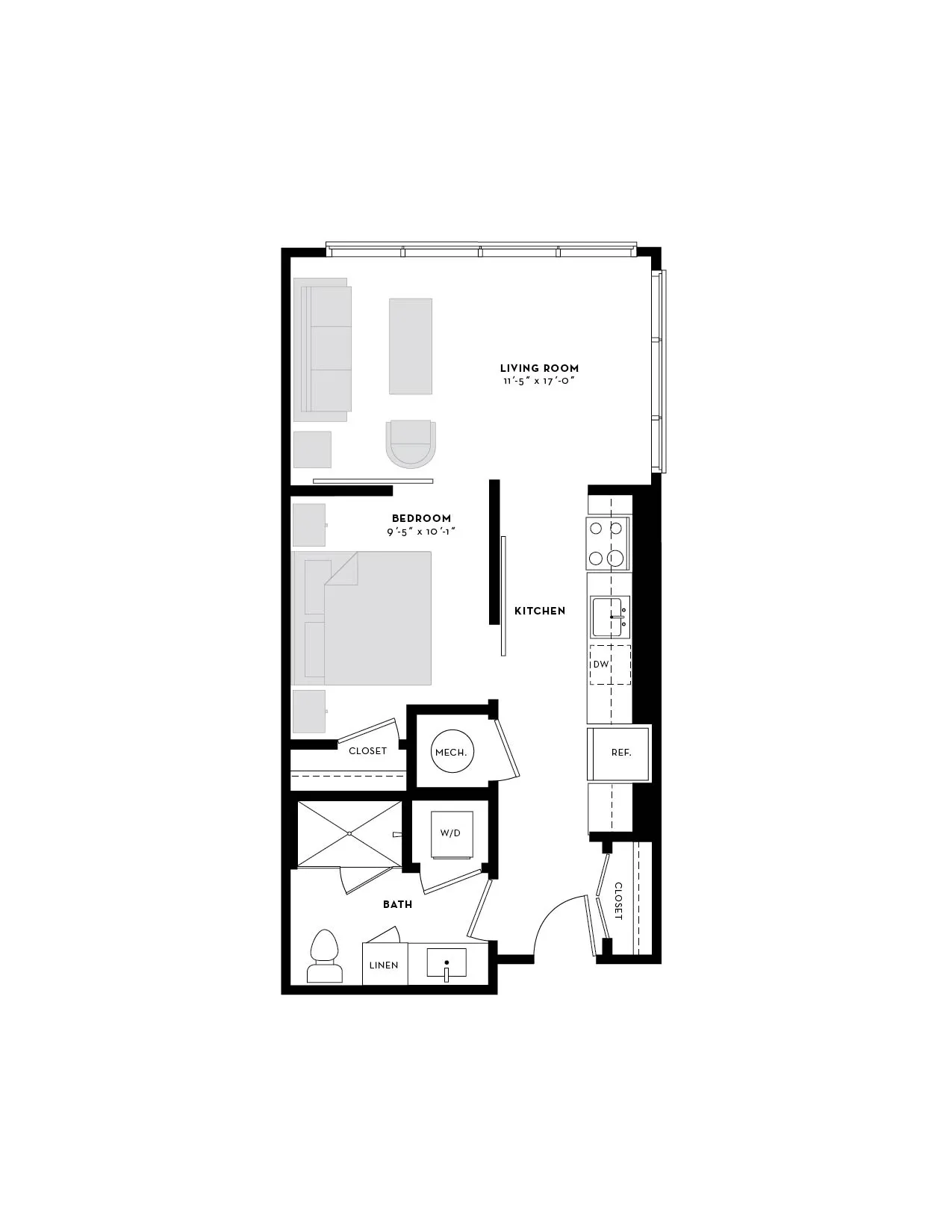 Modern floor plan highlighting a well-designed one-bedroom apartment with spacious living room, open kitchen, and convenient storage solutions.
