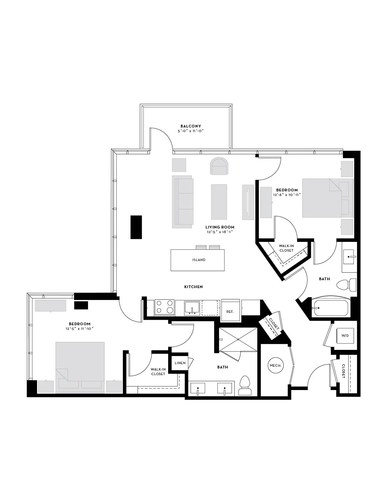 Modern apartment floor plan featuring 2 spacious bedrooms, a stylish living room, open kitchen with island, and a private balcony.