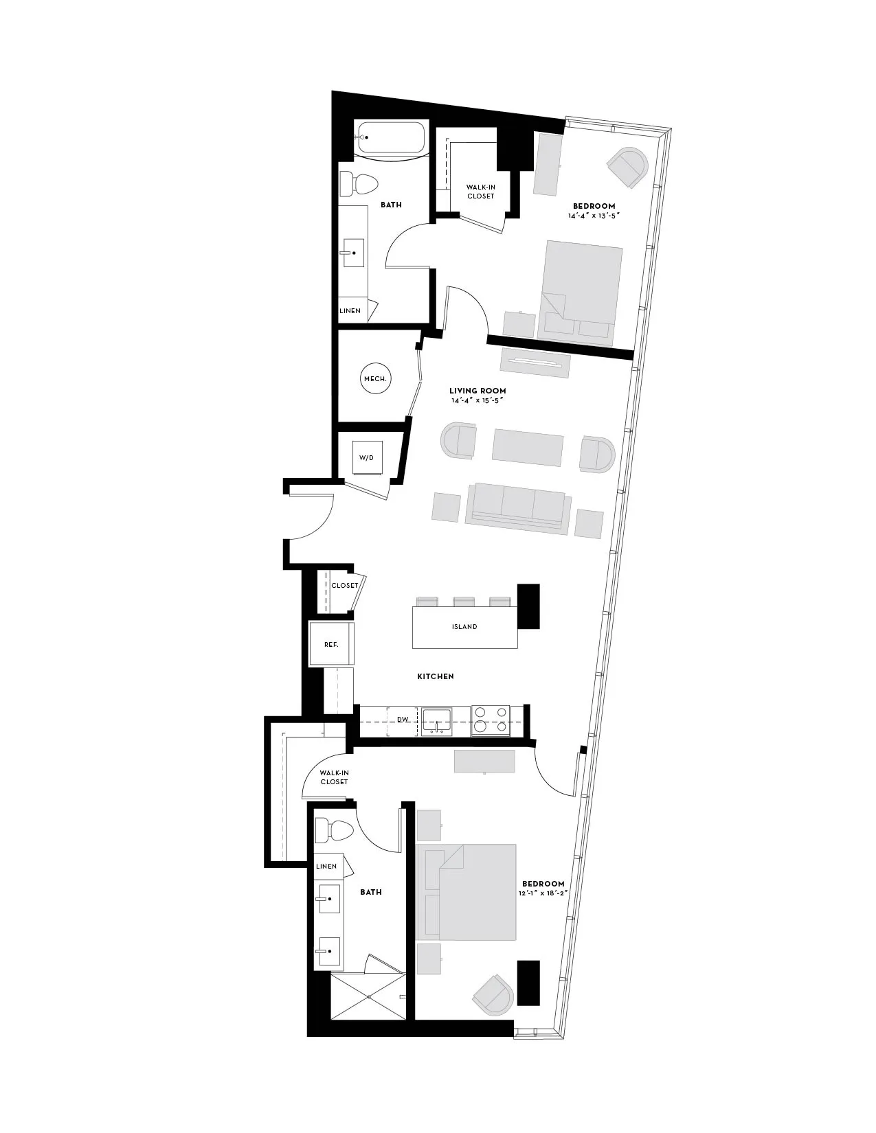 Contemporary floor plan featuring two spacious bedrooms, a modern open-concept kitchen with island, and an inviting living room.