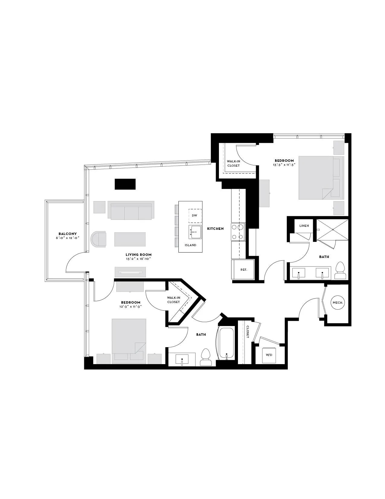 Elegant floor plan showcasing 2 bedrooms, spacious living room with balcony access, modern kitchen with an island, and ample storage spaces.