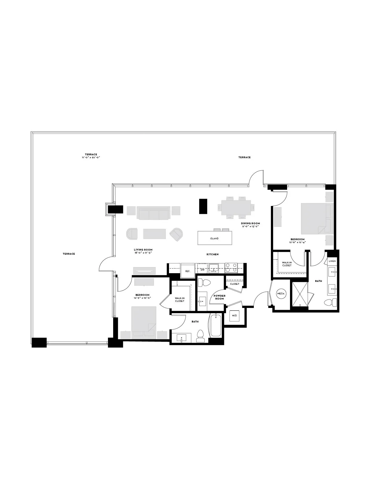 Modern floor plan showcasing 3 bedrooms, open living and dining area, spacious kitchen, and expansive terraces.