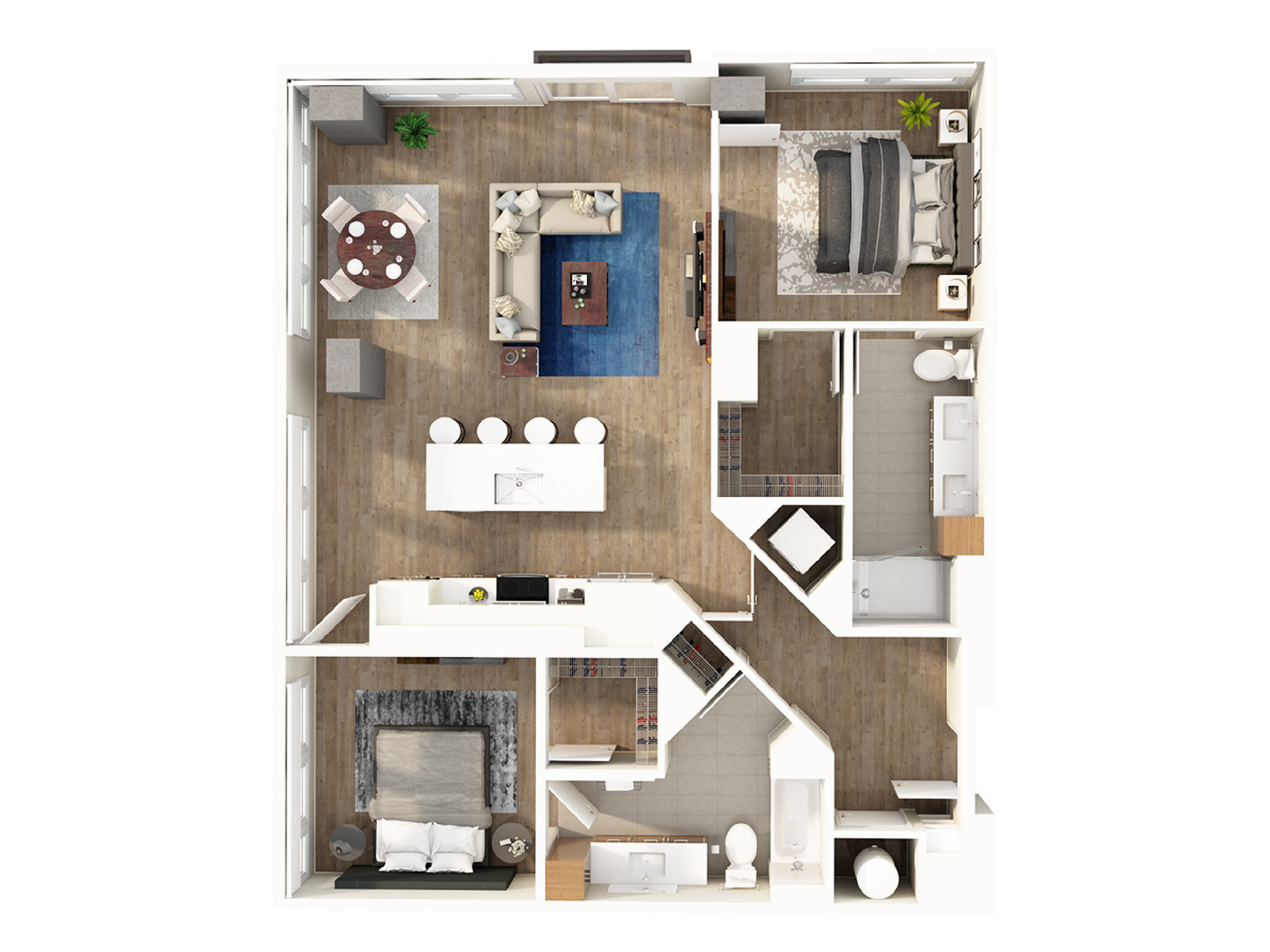Contemporary floor plan featuring 2 spacious bedrooms, open-concept living and dining area, sleek kitchen with bar seating, and 2 modern bathrooms.