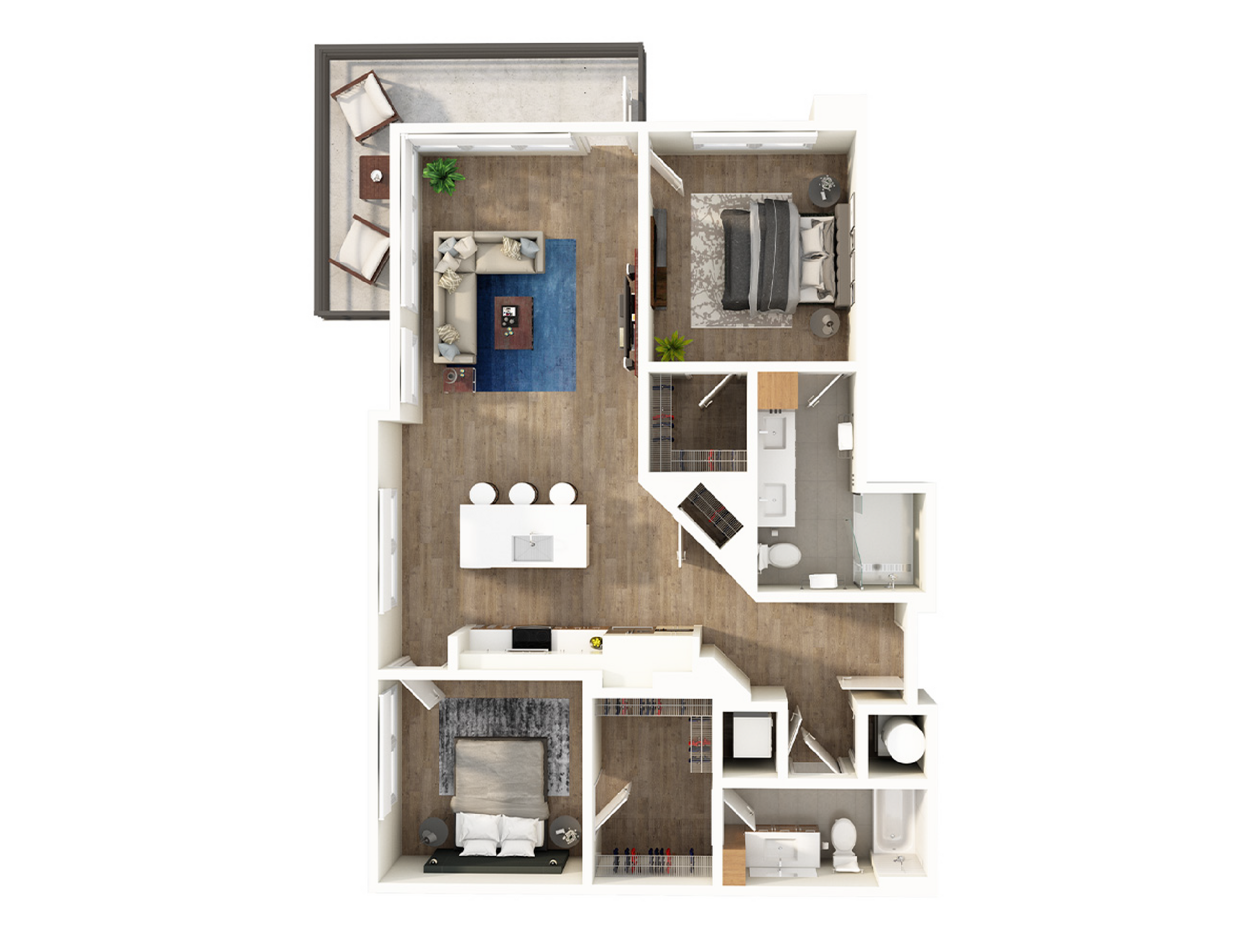 Modern 2D floor plan showcasing a sophisticated open-concept living area, two spacious bedrooms, and a stylish kitchen with a breakfast bar. Includes a private balcony, ample storage, and elegant bathrooms, perfect for contemporary living.