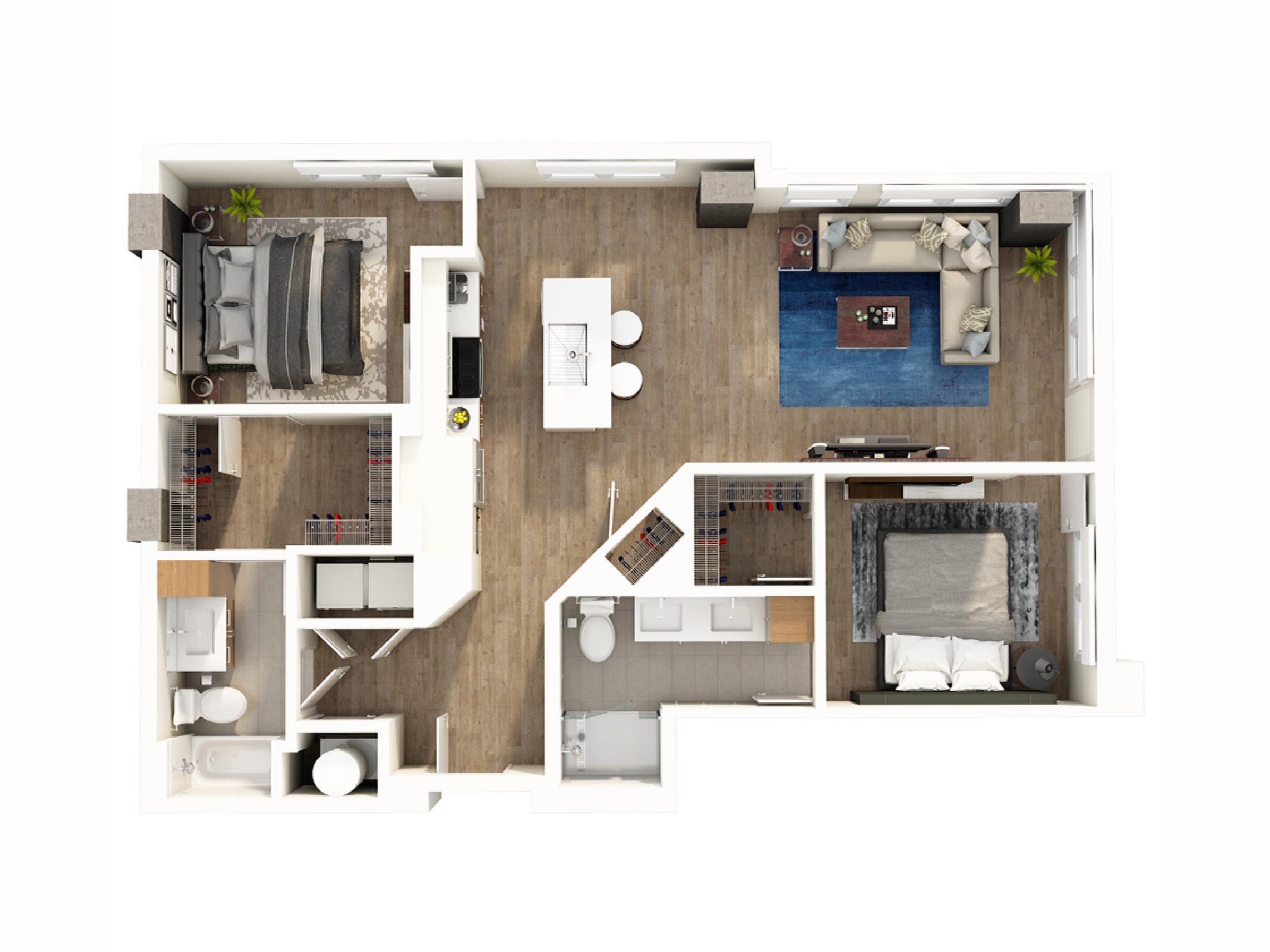 Chic floor plan showcasing a modern 2-bedroom, 2-bath layout with open-concept living, gourmet kitchen, cozy lounge area, and ample natural light.