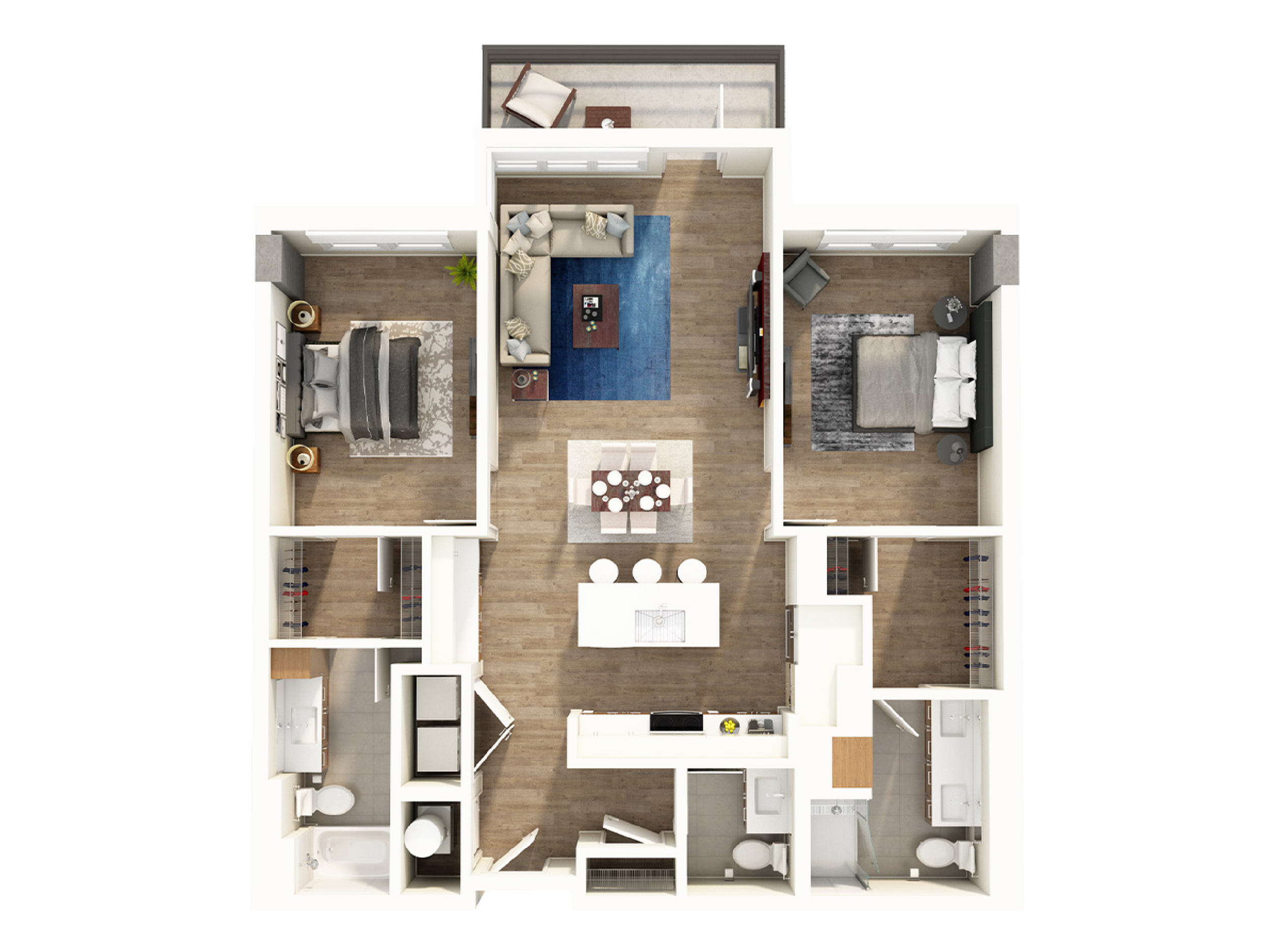 Modern floor plan with two bedrooms, an inviting living room, stylish kitchen, and two bathrooms, perfect for comfortable living.