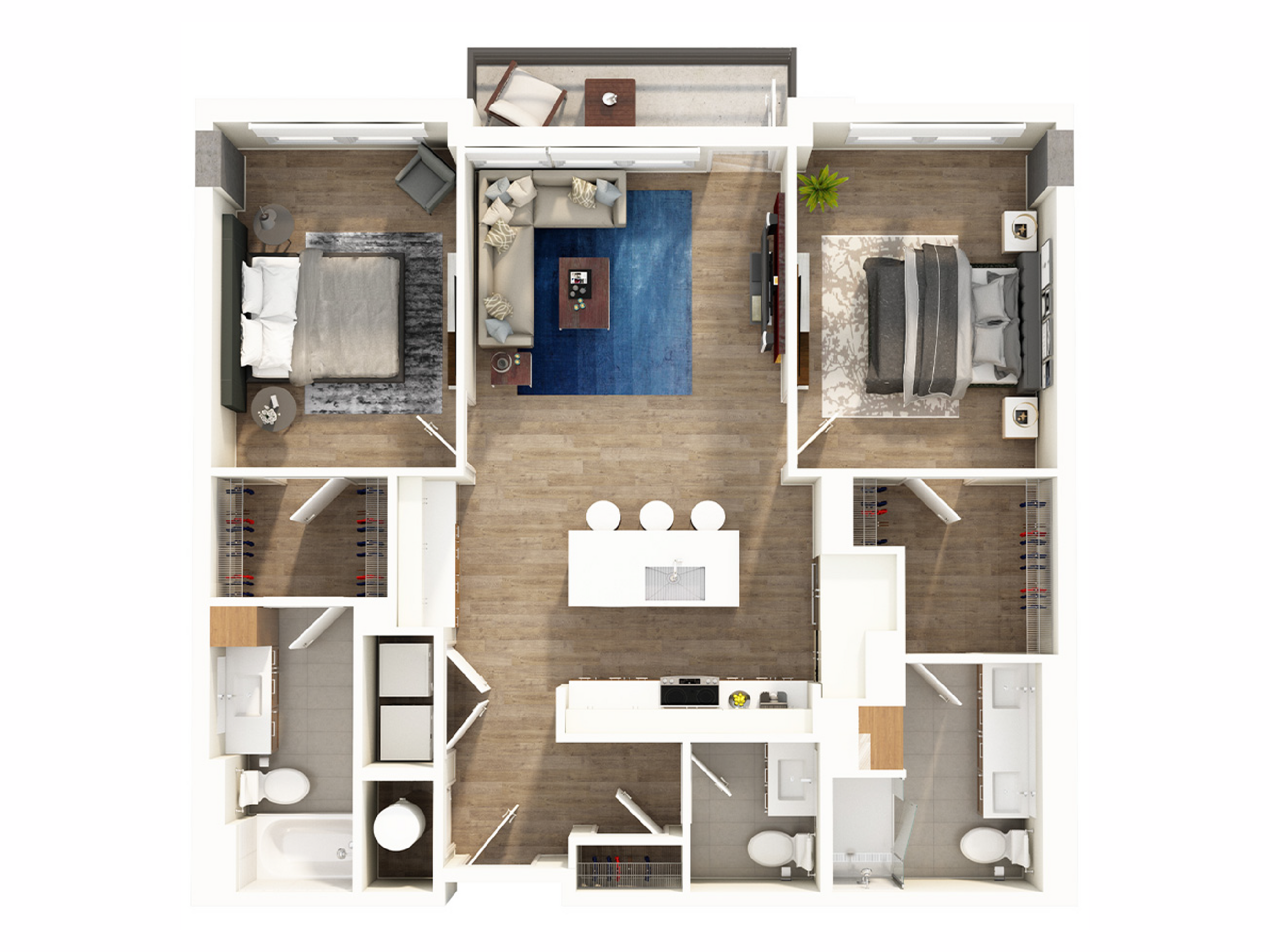 Contemporary floor plan featuring 2 bedrooms, luxurious living room, modern kitchen, and 2 sleek bathrooms.