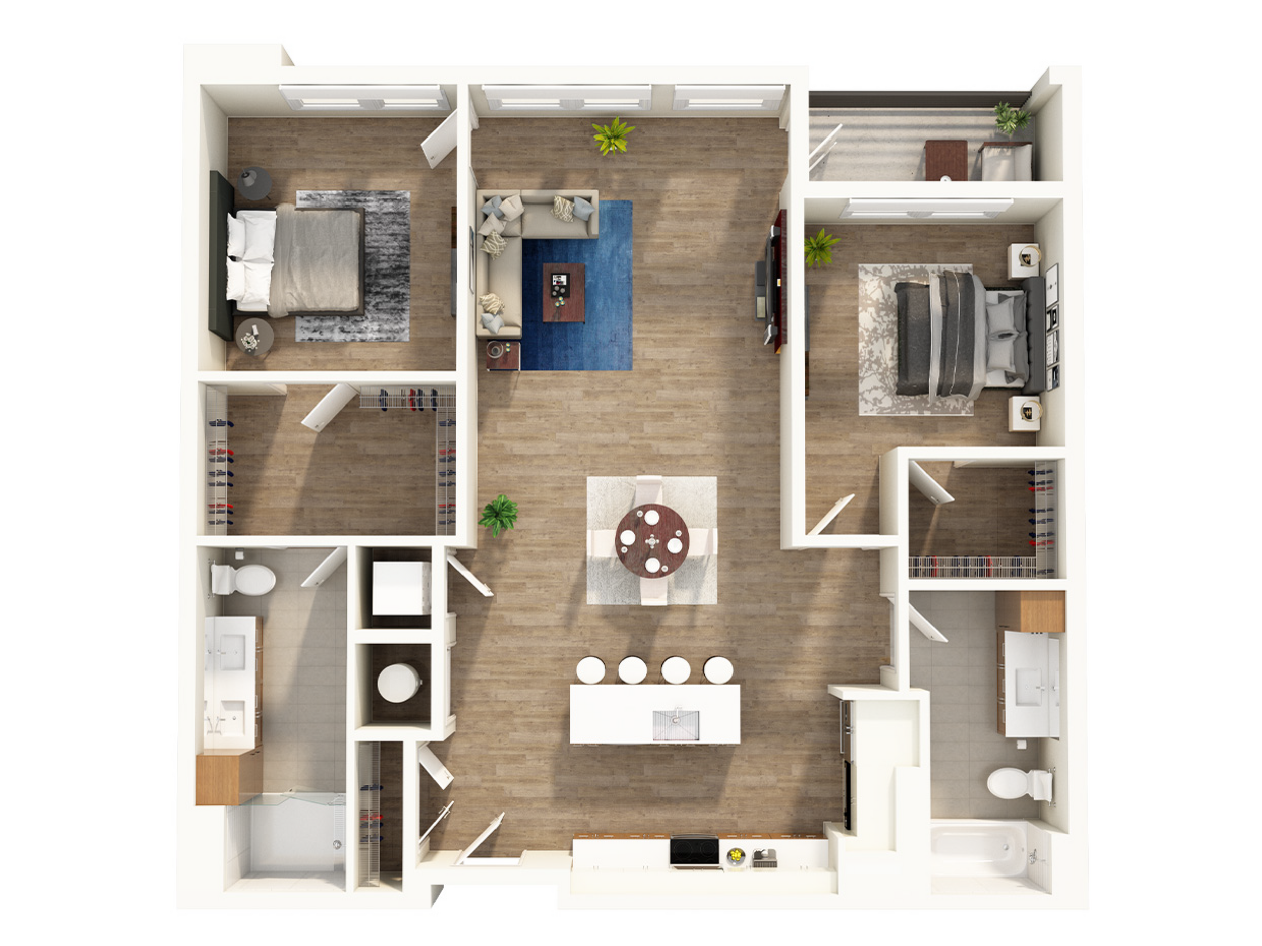 Modern floor plan showcasing 2 elegant bedrooms, an open living area, and a sleek kitchen with island seating. Features include stylish bathrooms and spacious closets.