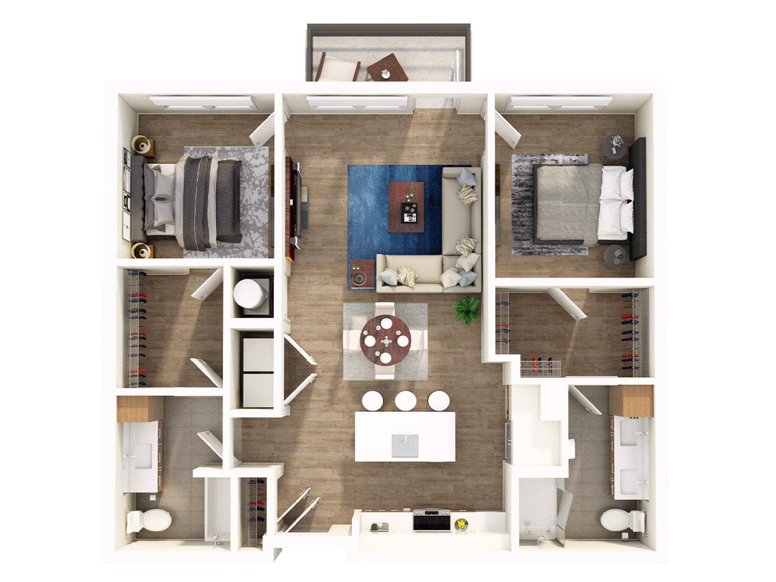Modern 3D floor plan showcasing 2 bedrooms, open living space, and stylish kitchen with island seating.
