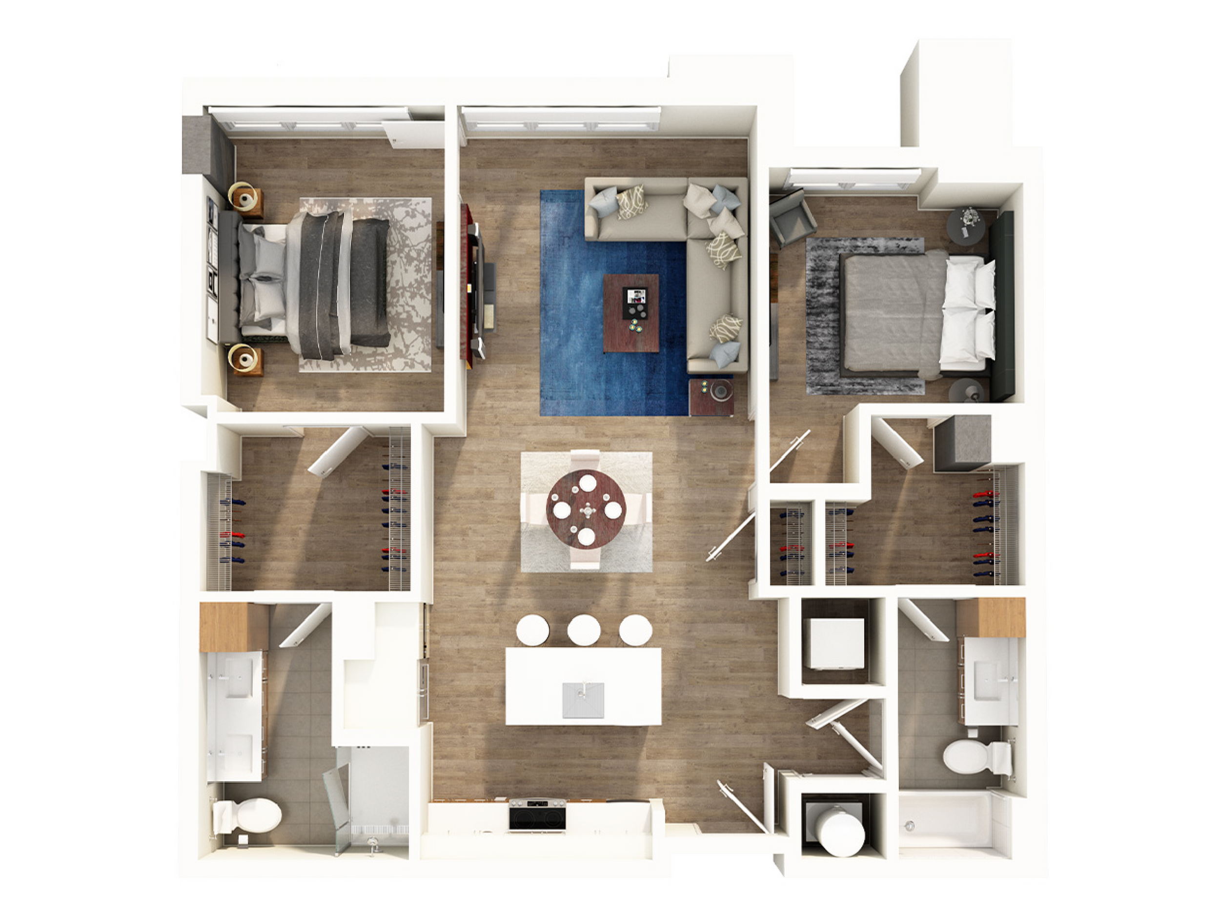 Modern 3D floor plan showcasing an elegant apartment with two spacious bedrooms, an inviting living room, and a sleek, open-concept kitchen with dining area, perfect for comfortable living.