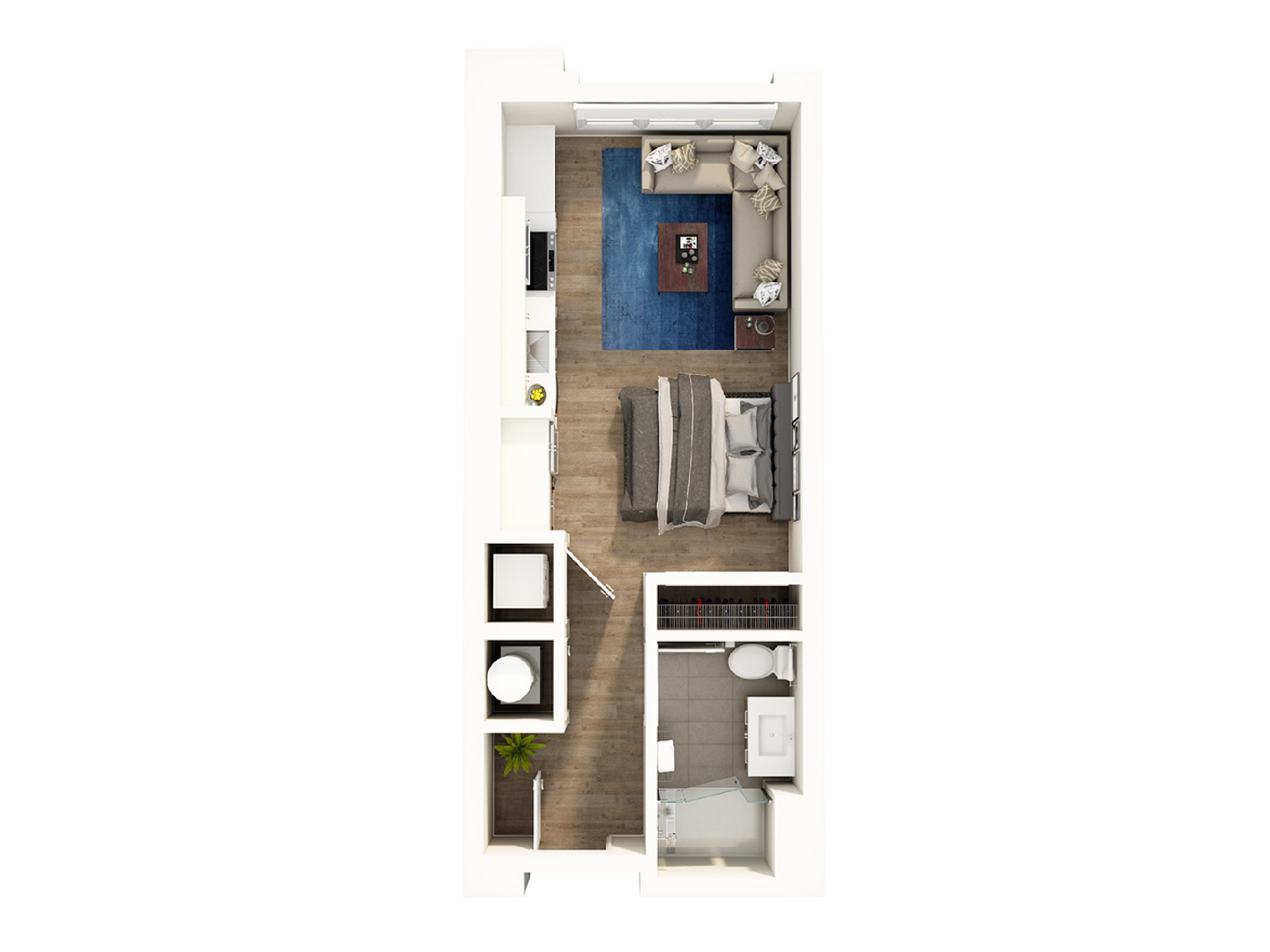 Modern 3D floor plan showcasing a cozy one-bedroom apartment with an open lounge, stylish kitchen, and sleek bathroom design.