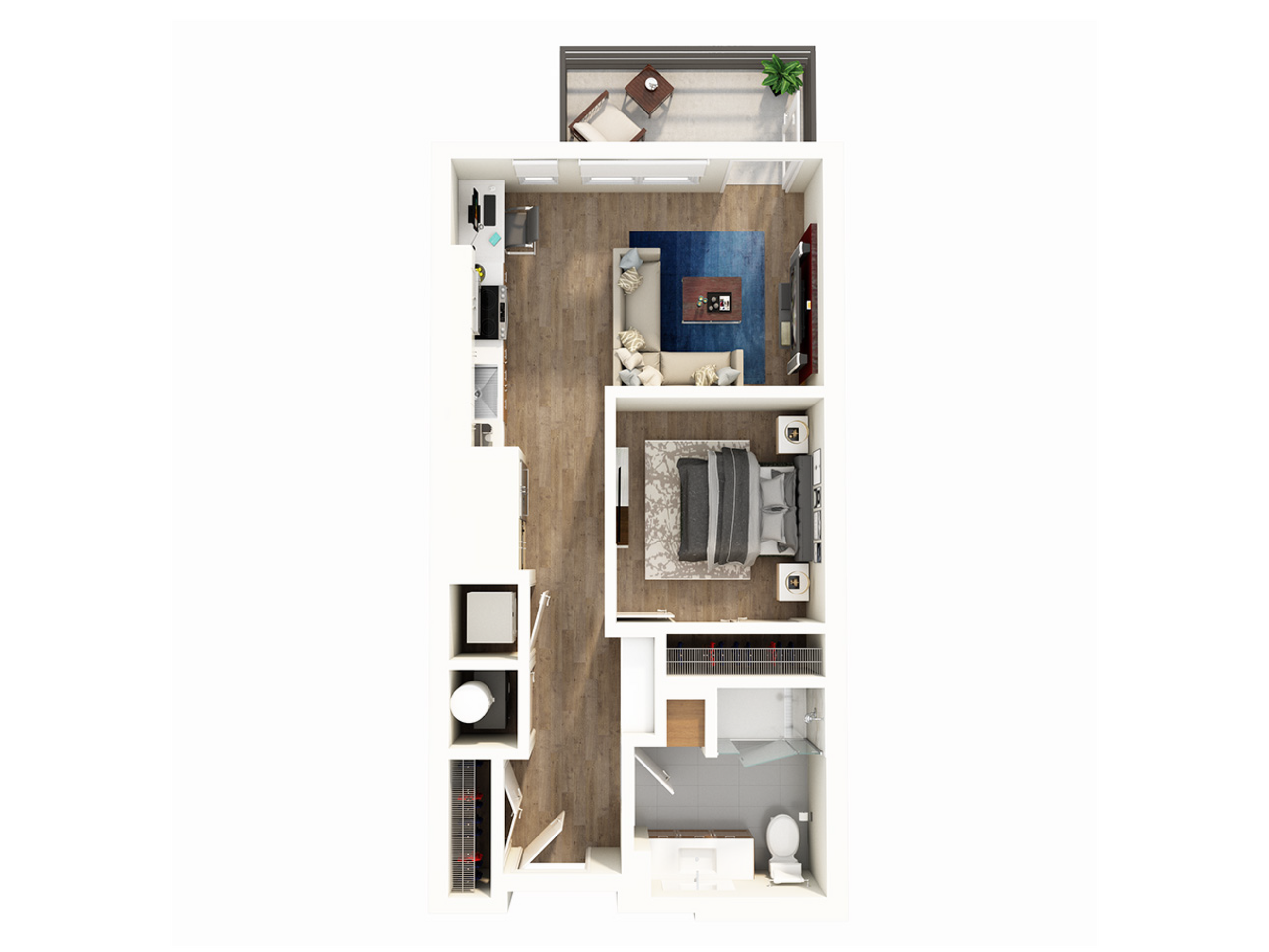 Modern 3D floor plan showcasing a chic 1-bedroom apartment with spacious living area, stylish kitchen, and cozy balcony.
