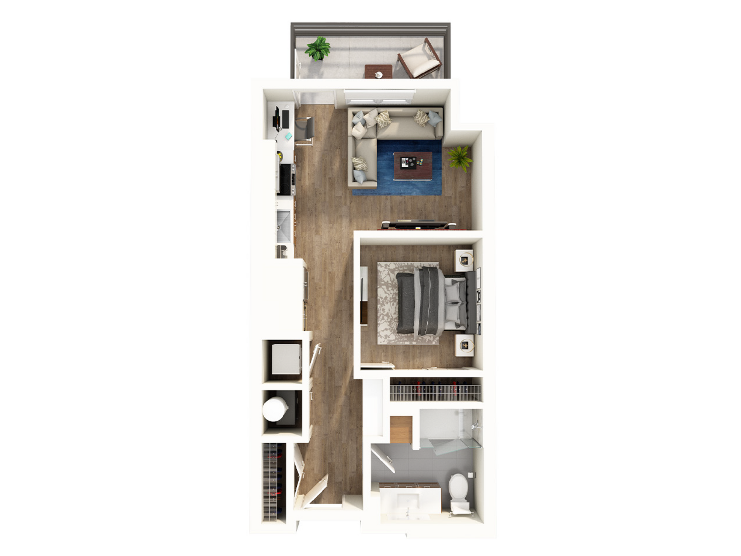 Modern 3D floor plan showcasing a cozy one-bedroom apartment with an open living area, stylish kitchen, and private balcony.