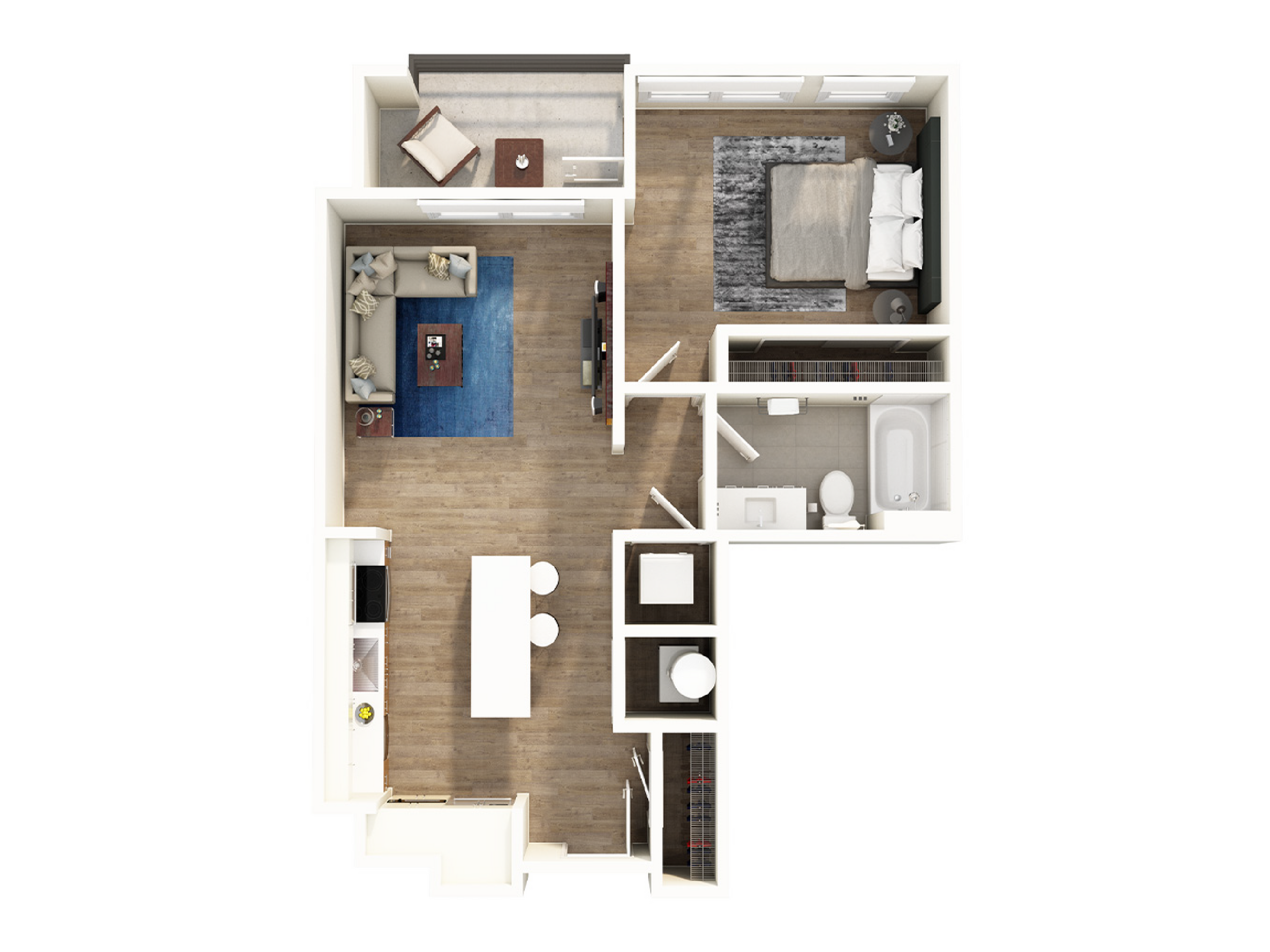 Modern 3D floor plan showcasing one-bedroom, open-concept living space with elegant kitchen and balcony.