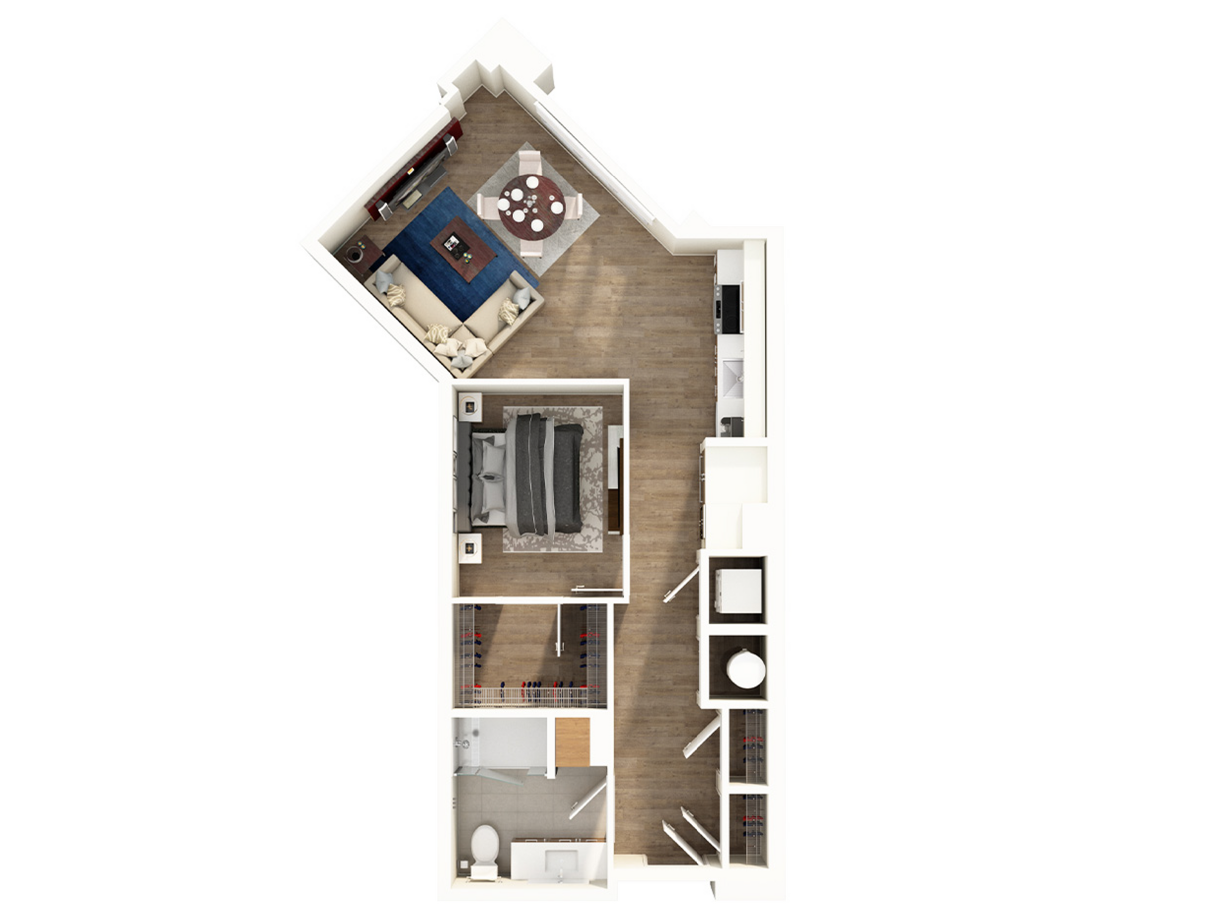 Modern 1-bedroom apartment floor plan featuring an open concept living area, stylish kitchen, and cozy bedroom with ample storage.