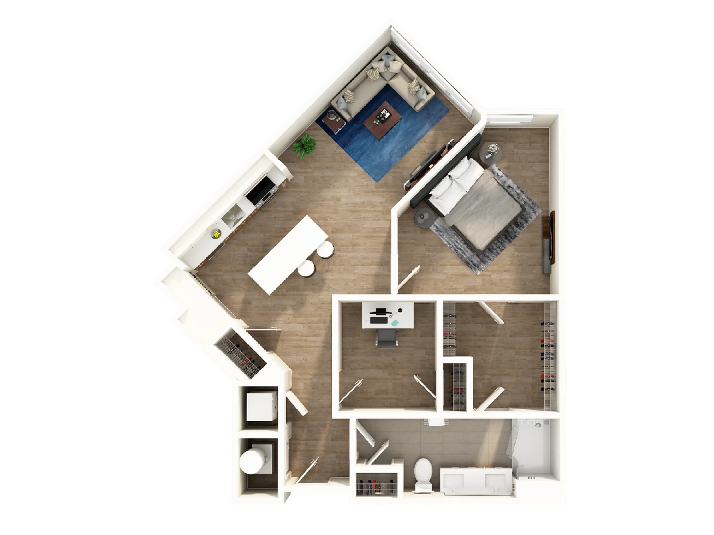 Chic 3D floor plan showcasing a modern one-bedroom apartment, featuring a spacious open living area, stylish kitchen, and elegant bathroom.
