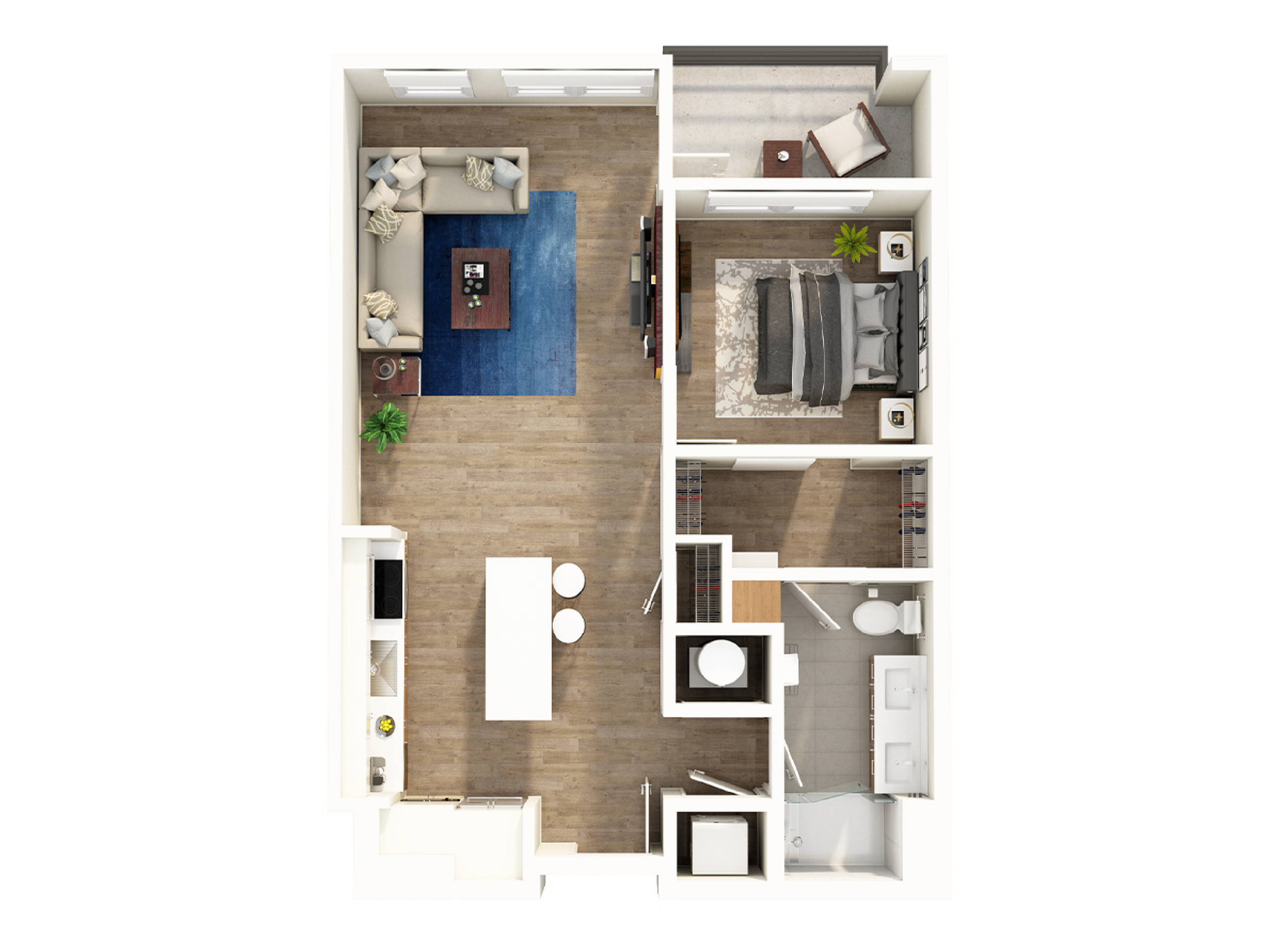 Modern 2D floor plan featuring a spacious one-bedroom apartment with open-concept living room, sleek kitchen with island, and elegant bathroom.