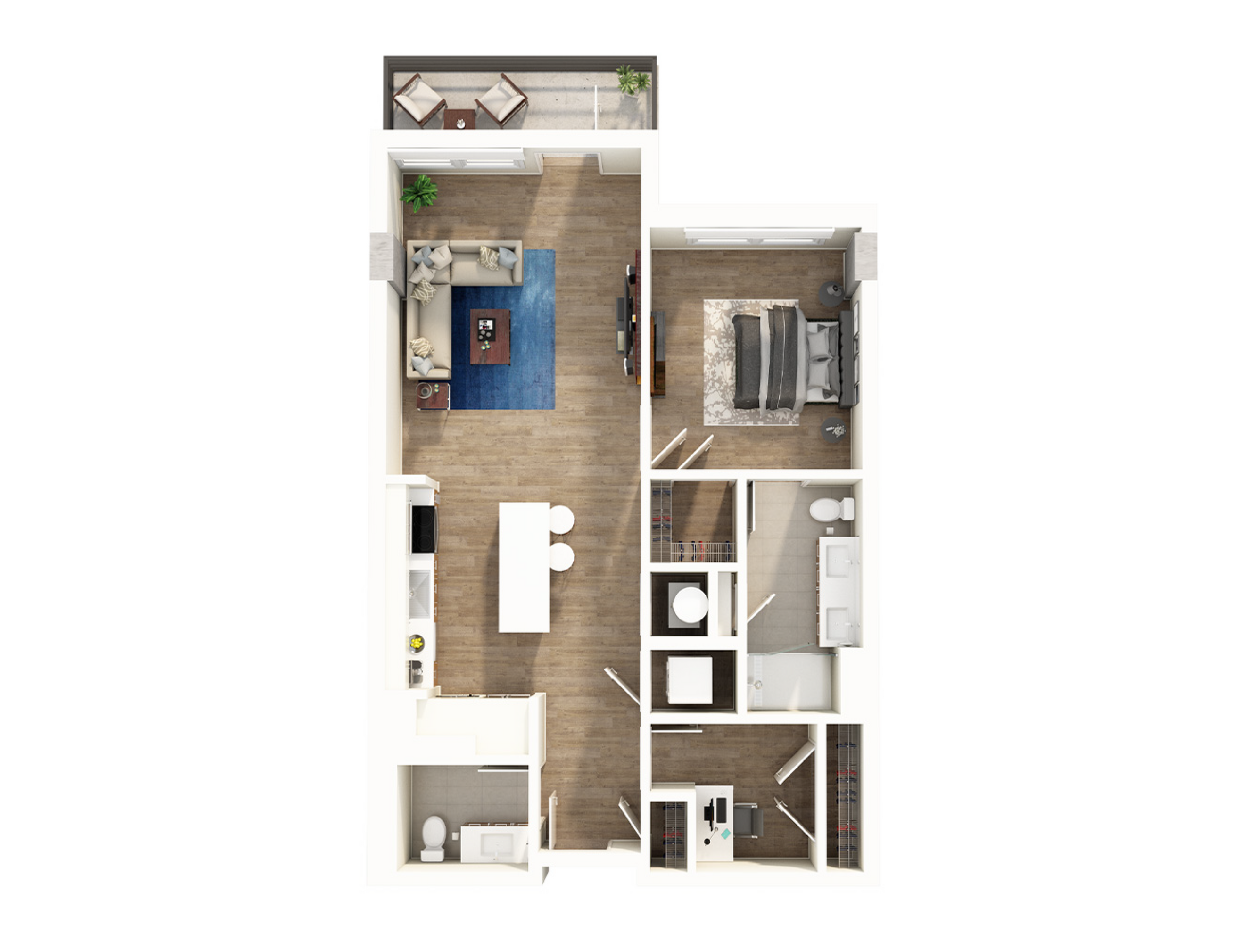 Modern floor plan showcasing a sleek two-bedroom apartment with spacious living area, stylish kitchen island, and cozy balconies.