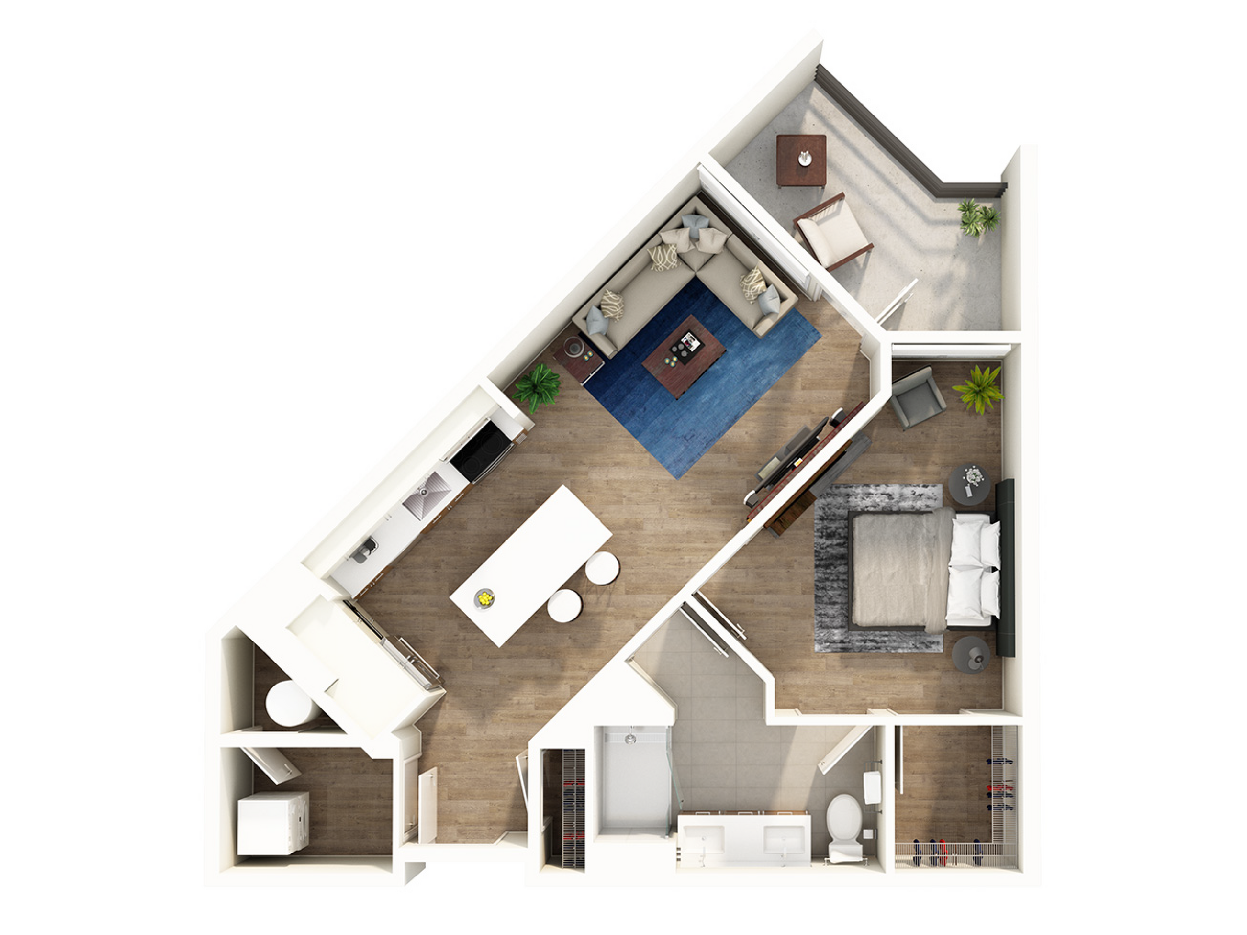 Modern 1-bedroom apartment floor plan with open layout, stylish living area, sleek kitchen, and private balcony.