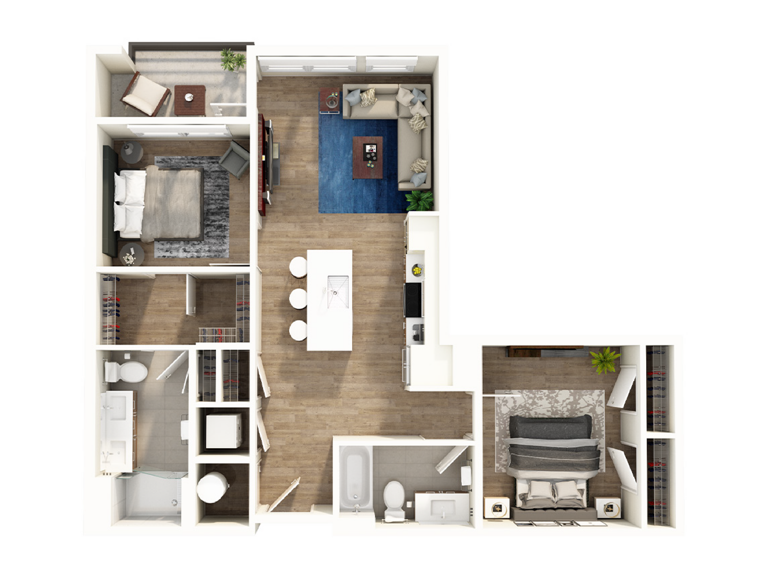 Beautiful open-concept floor plan featuring two spacious bedrooms, modern kitchen with island seating, and cozy living area perfect for relaxation.