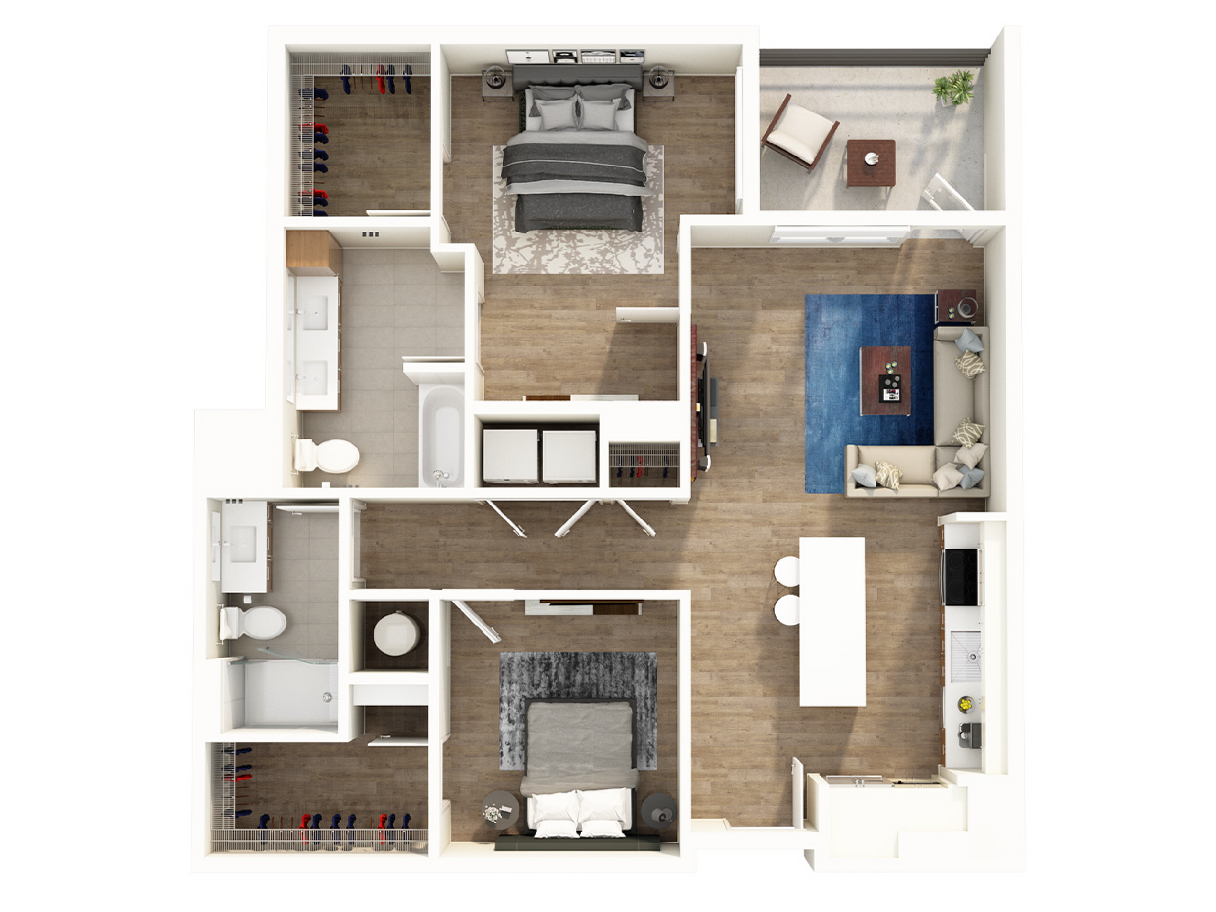 Modern 2D floor plan showcasing 2 bedrooms, open kitchen with breakfast bar, spacious living area, and private balcony.