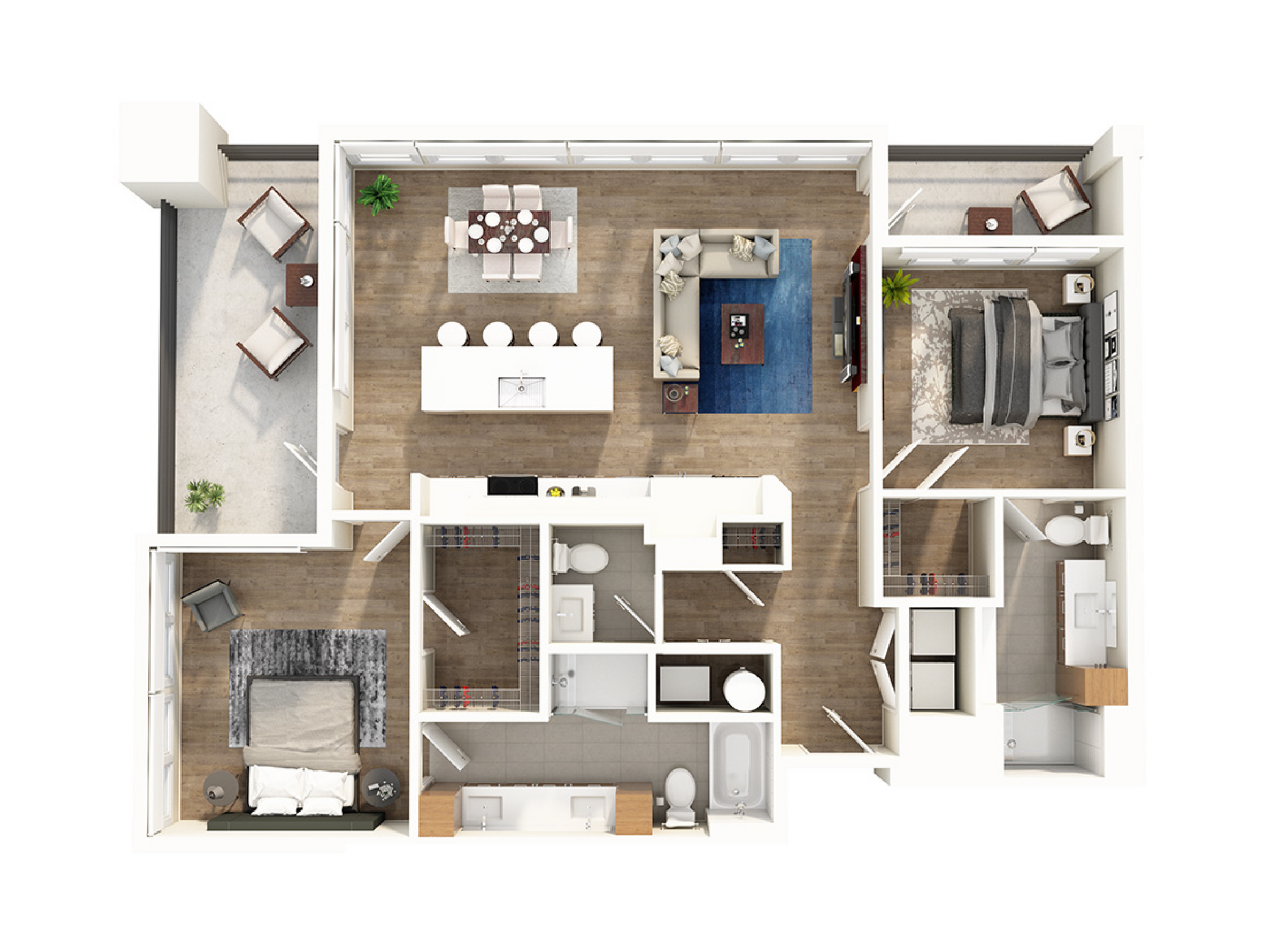 Modern 3D floor plan showcasing 2 spacious bedrooms, open-concept kitchen with island, cozy living area, and elegant dining space, complete with two balconies and stylish bathrooms.