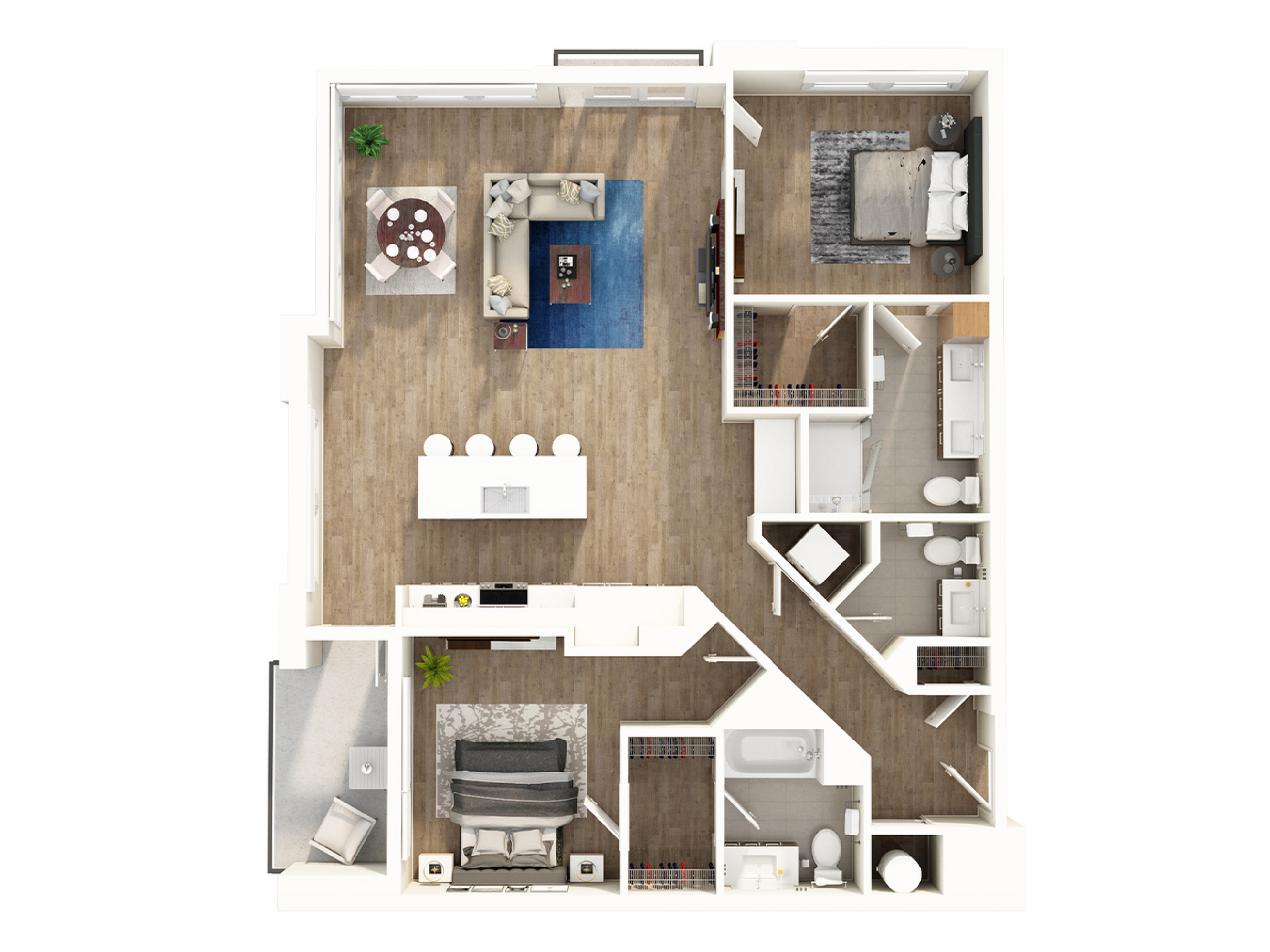 Modern floor plan featuring two stylish bedrooms, open-concept living area with a sleek kitchen island, and two contemporary bathrooms.