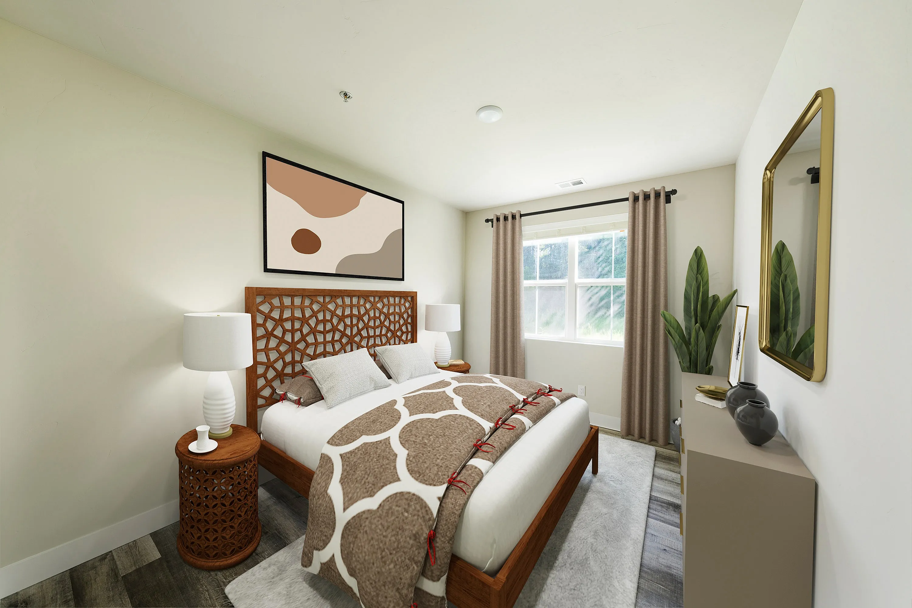 Elegant bedroom with modern decor, featuring a cozy bed, stylish artwork, and natural lighting.