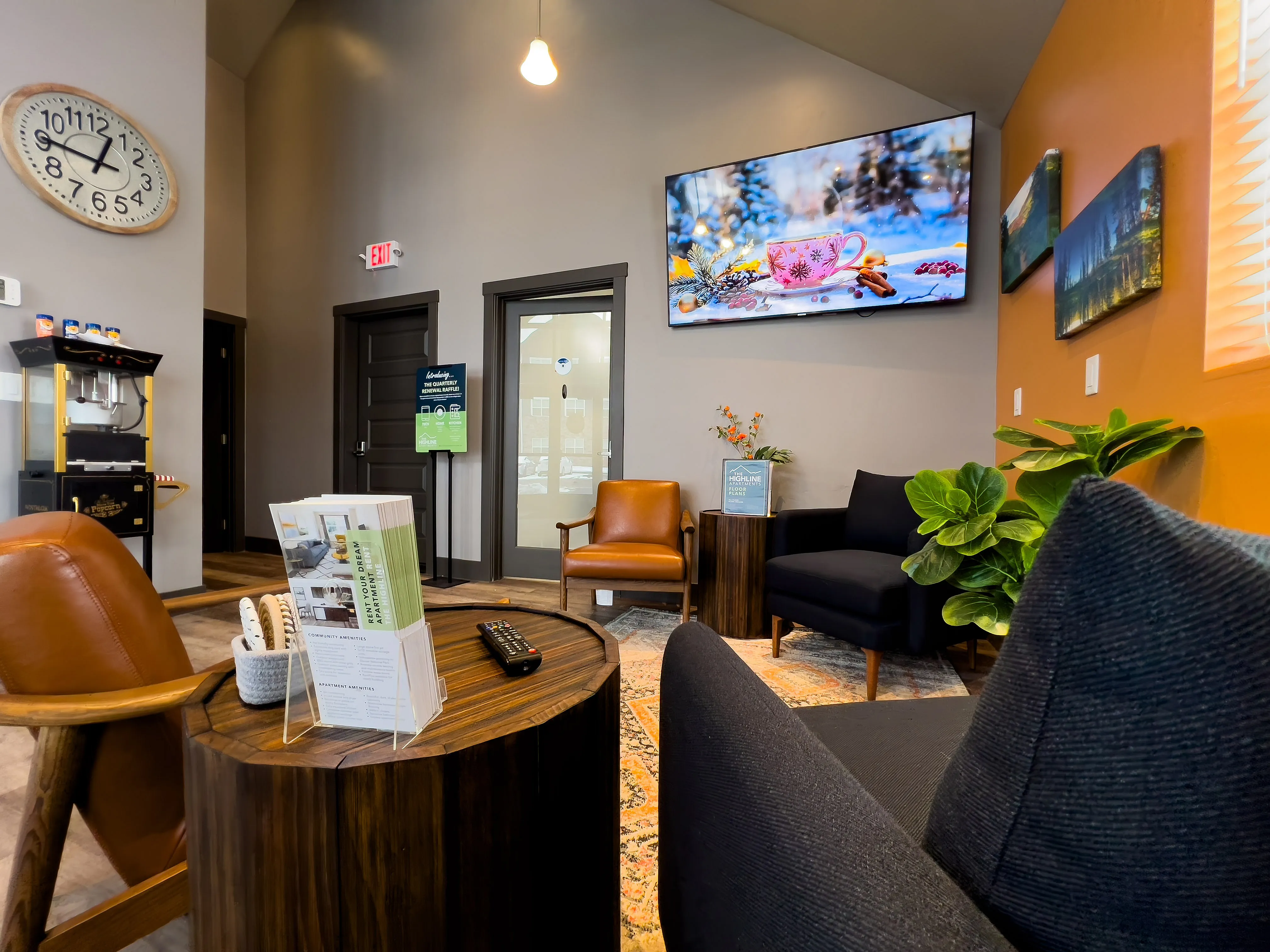 Welcoming lounge area with stylish seating, modern decor, and vibrant accents.