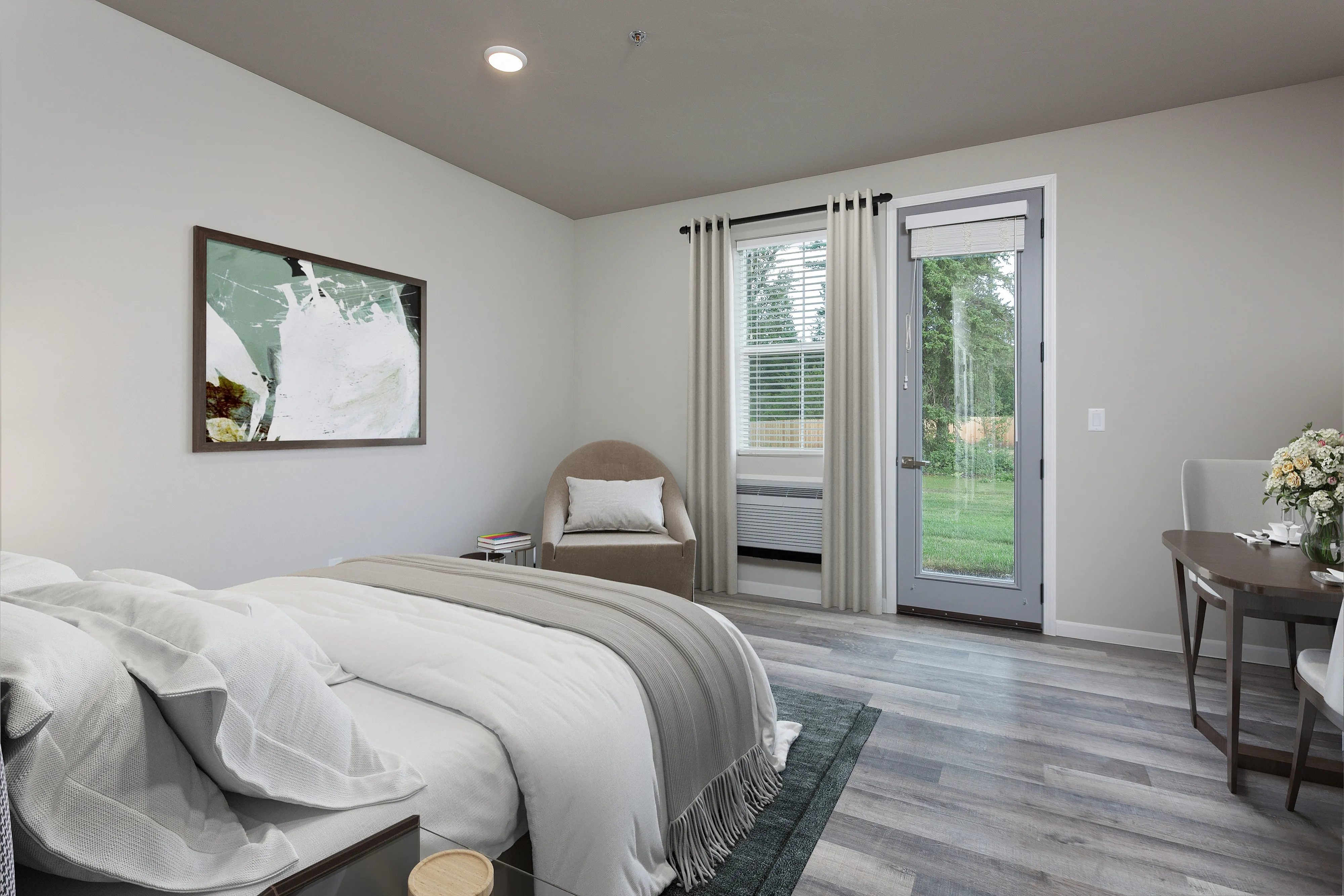 Modern bedroom with elegant decor, featuring a cozy bed, abstract art, and a scenic garden view through a glass door.