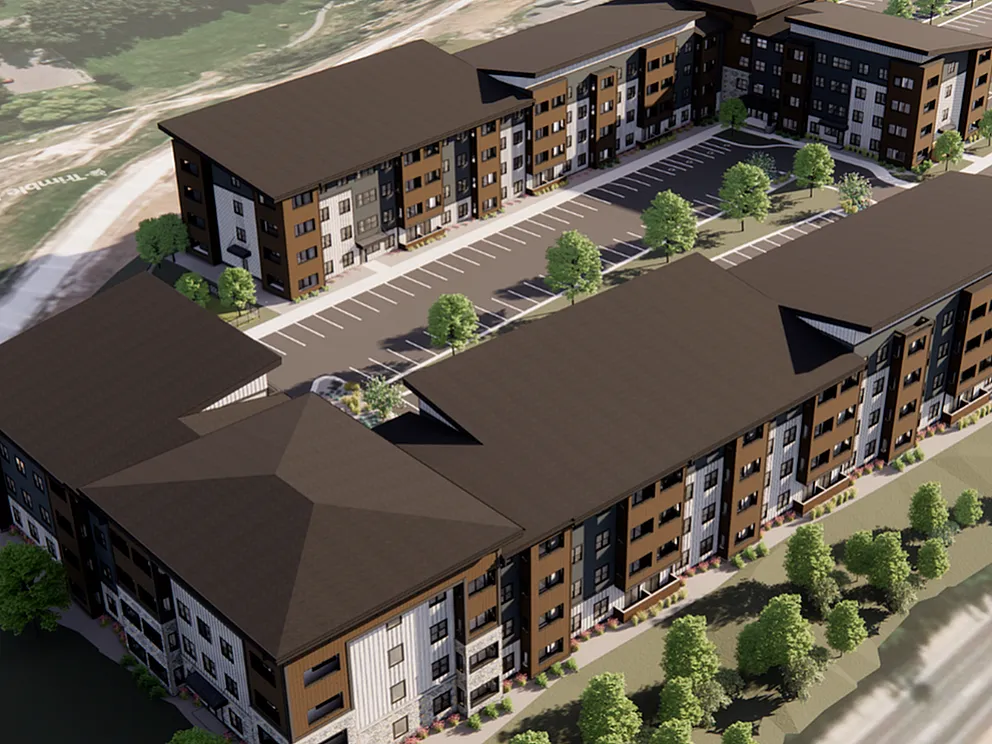 3D rendering of a modern apartment complex surrounded by lush greenery and spacious parking areas.