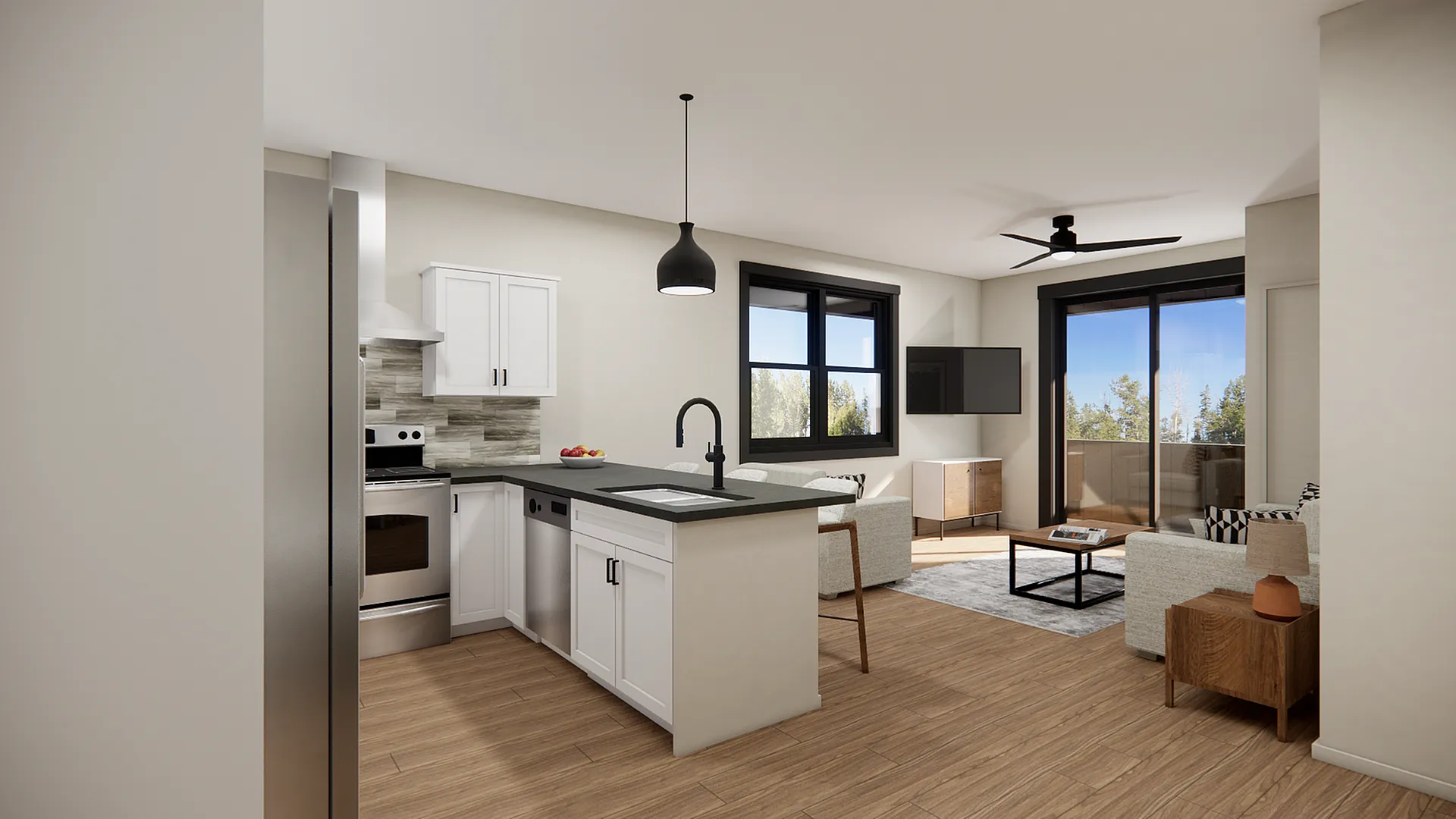 Contemporary open-plan kitchen and living room with modern furnishings and expansive windows.