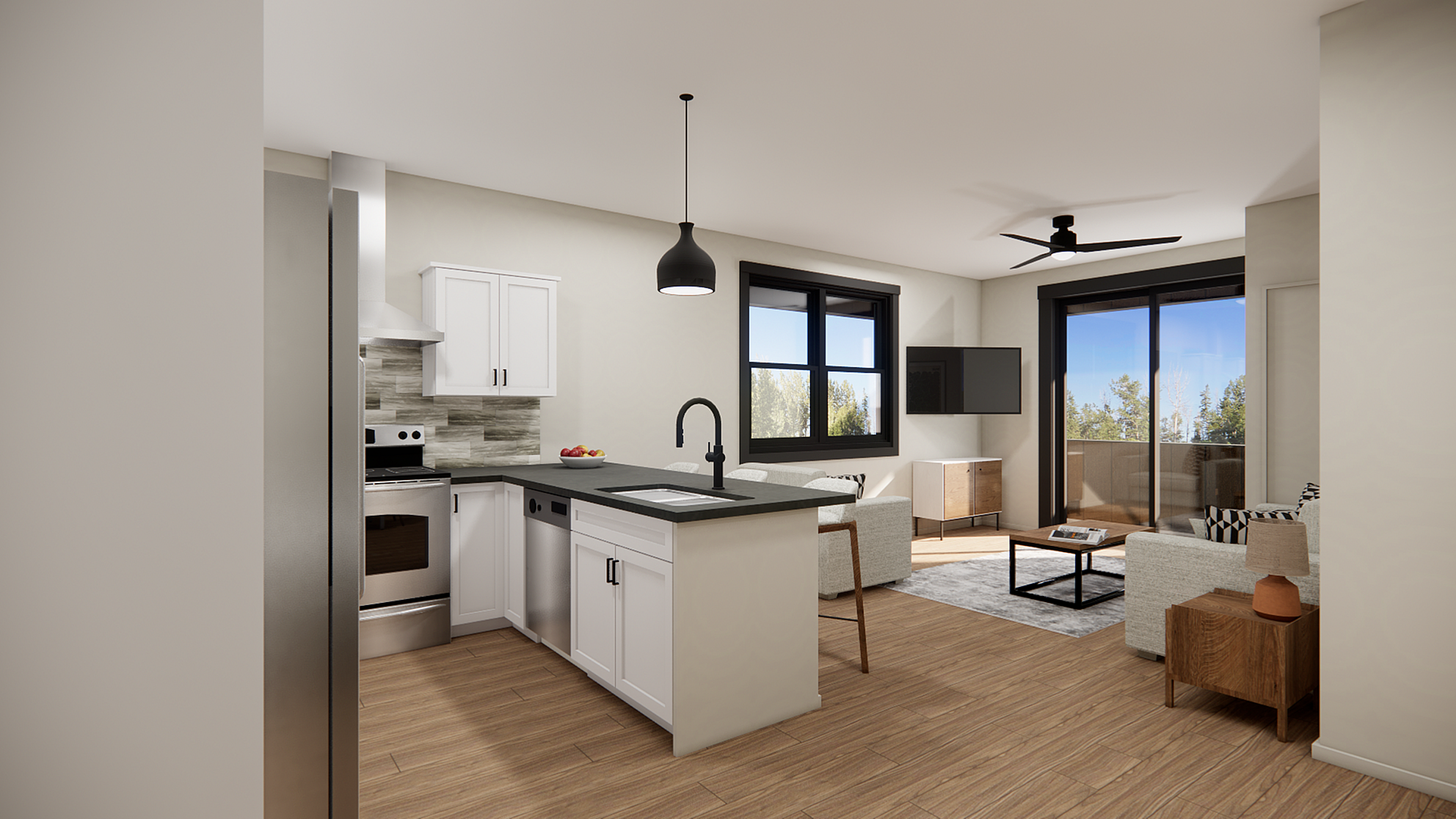 Sleek modern kitchen and living room combination with wooden flooring and large windows.